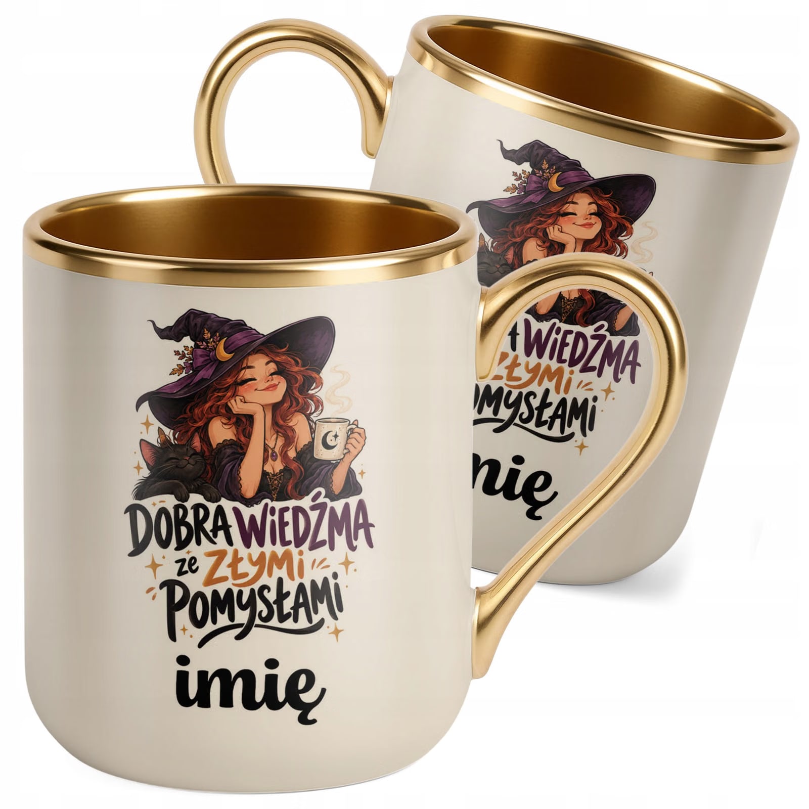 Kubek Personalizowany Premium Złoty Ecru z Nadrukiem Wiedźma