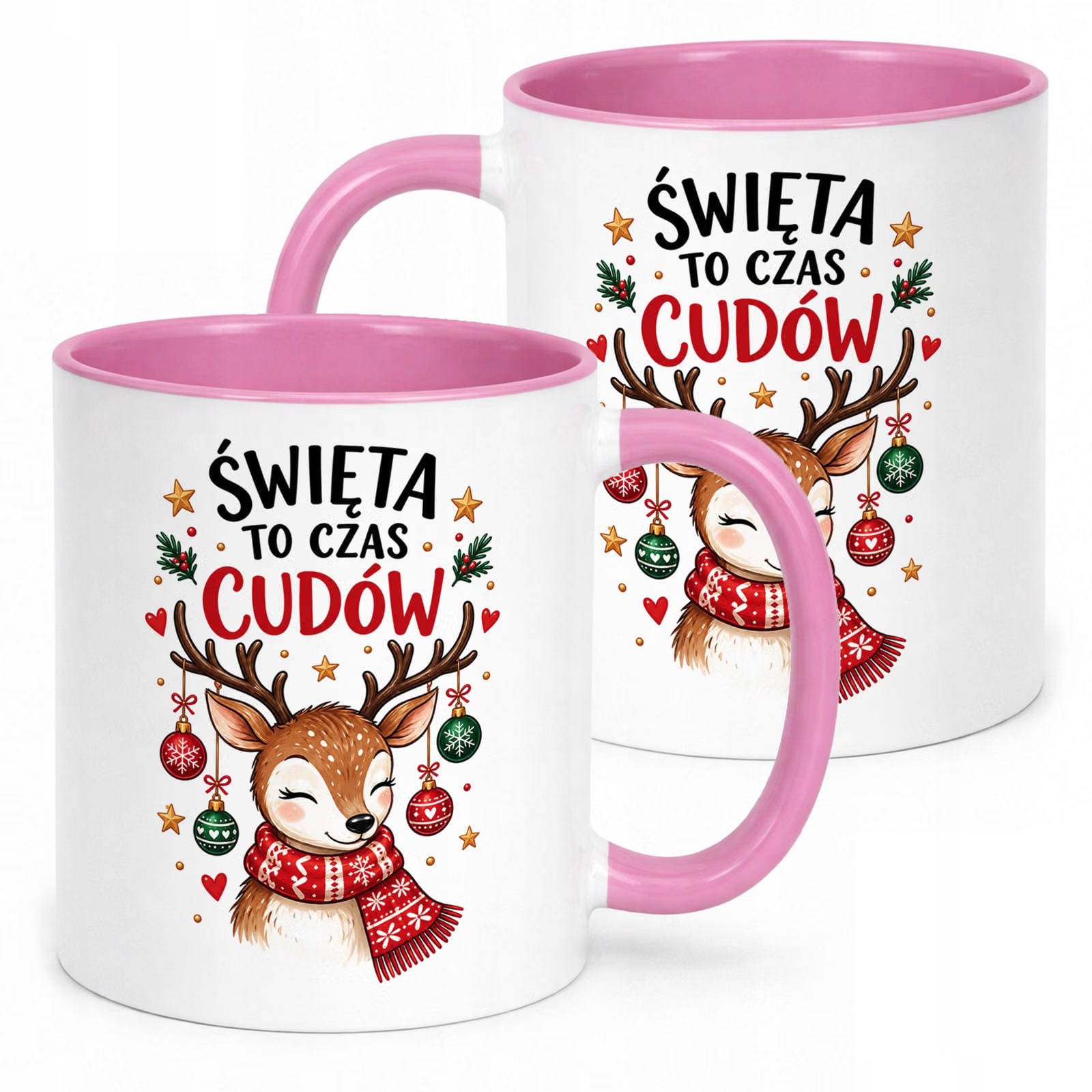 Kubek Różowy z Nadrukiem Boże Narodzenie Mikołajki Święta Renifer Prezent