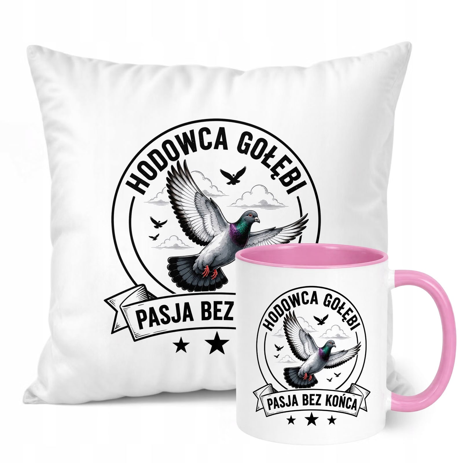 Zestaw Kubek Różowy Poduszka Z Nadrukiem Dla Gołębiarza Prezent