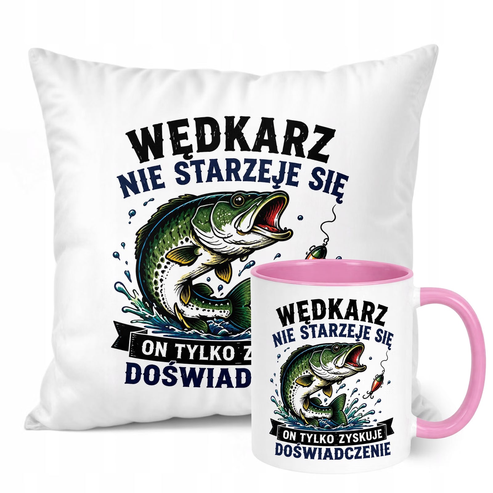 Zestaw Kubek Różowy Poduszka Z Nadrukiem Dla Wędkarza Prezent
