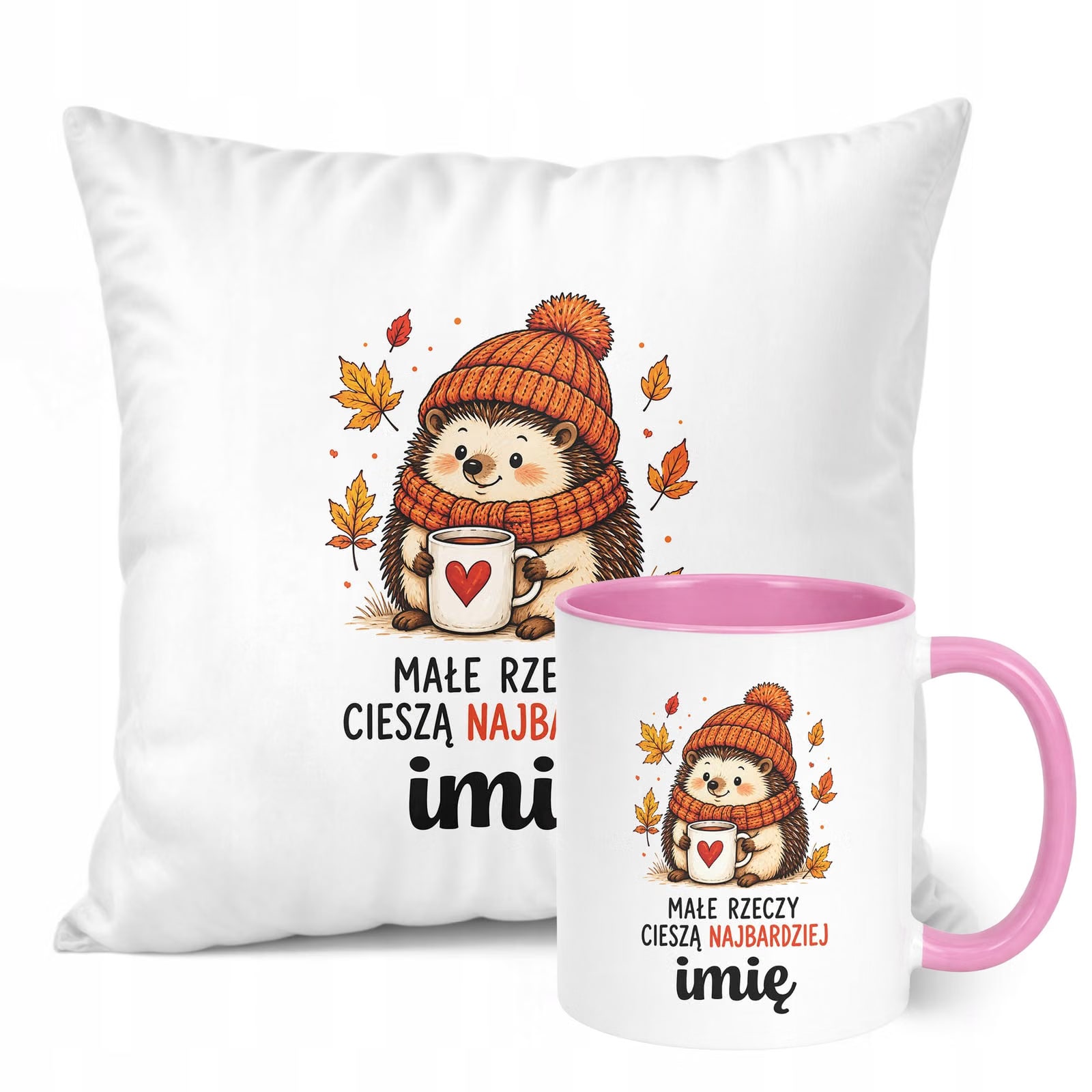 Zestaw Personalizowany Kubek Różowy Poduszka Jesień Jesienny Z Nadrukiem