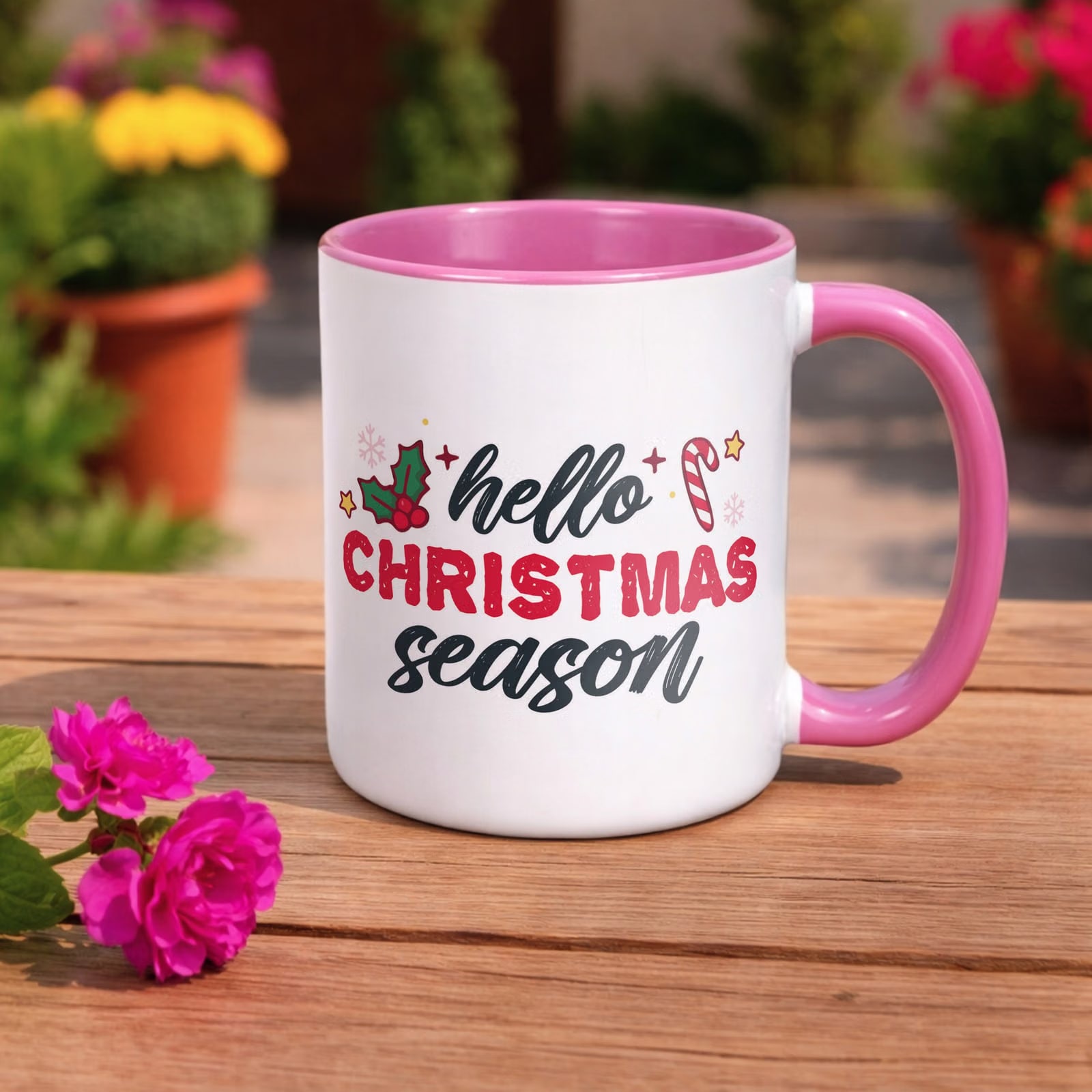 Kubek Różowy z Nadrukiem Boże Narodzenie Hello Christmas Season Prezent