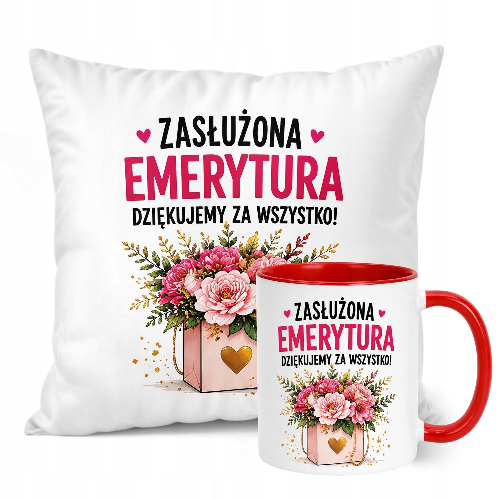 Zestaw Kubek Czerwony Poduszka Z Nadrukiem Emerytura Dla Emerytki Prezent