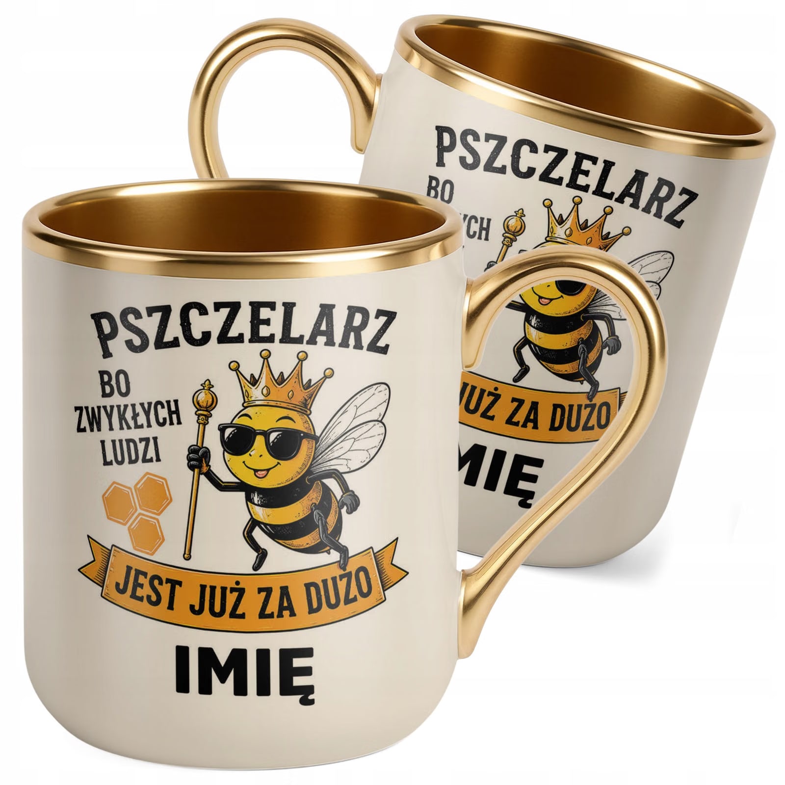 Kubek Personalizowany z nadrukiem Premium Złoty Ecru Dla Pszczelarza