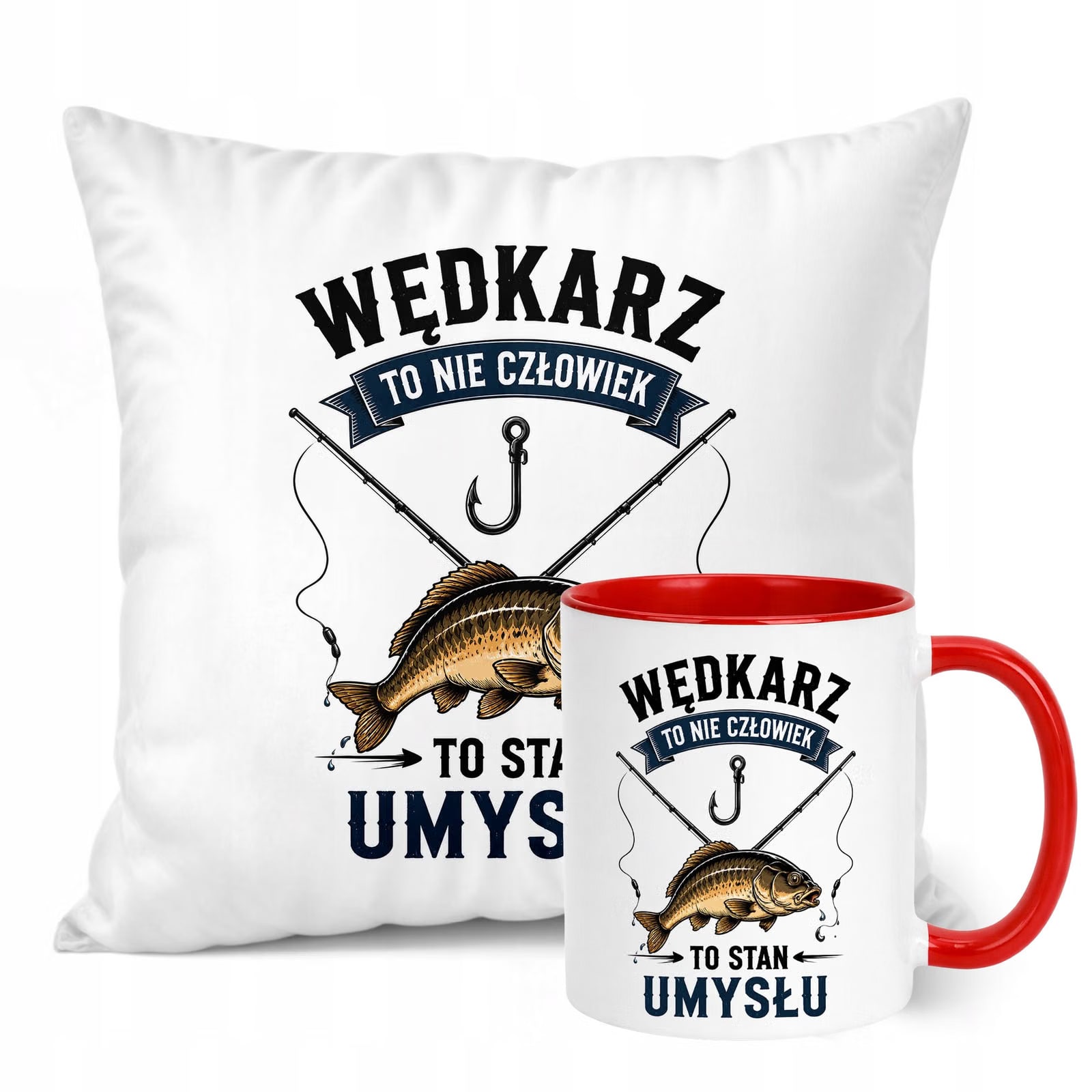 Zestaw Kubek Czerwony Poduszka Z Nadrukiem Dla Wędkarza Prezent