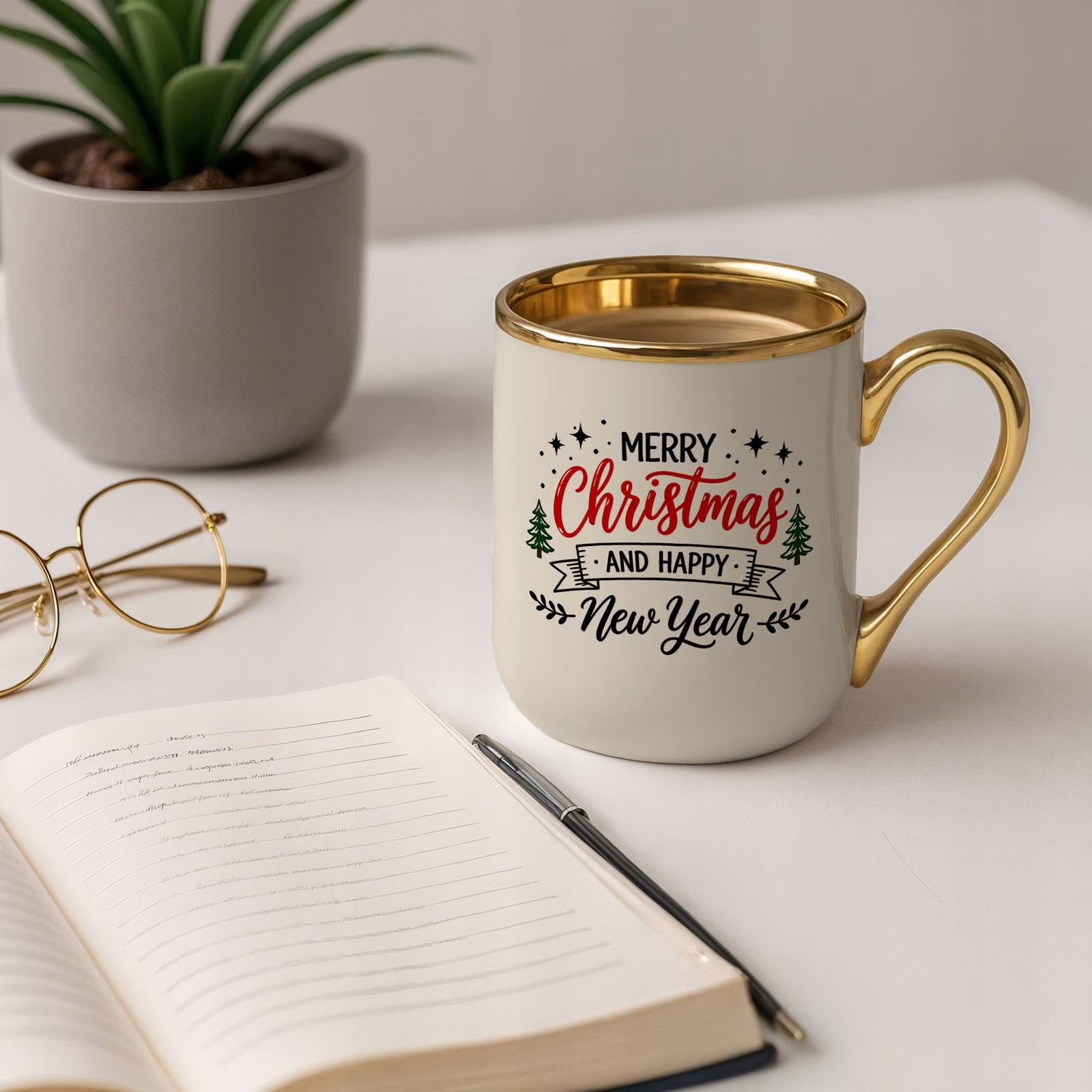 Kubek Premium Złoty Ecru Boże Narodzenie Mikołajki Merry Christmas Prezent