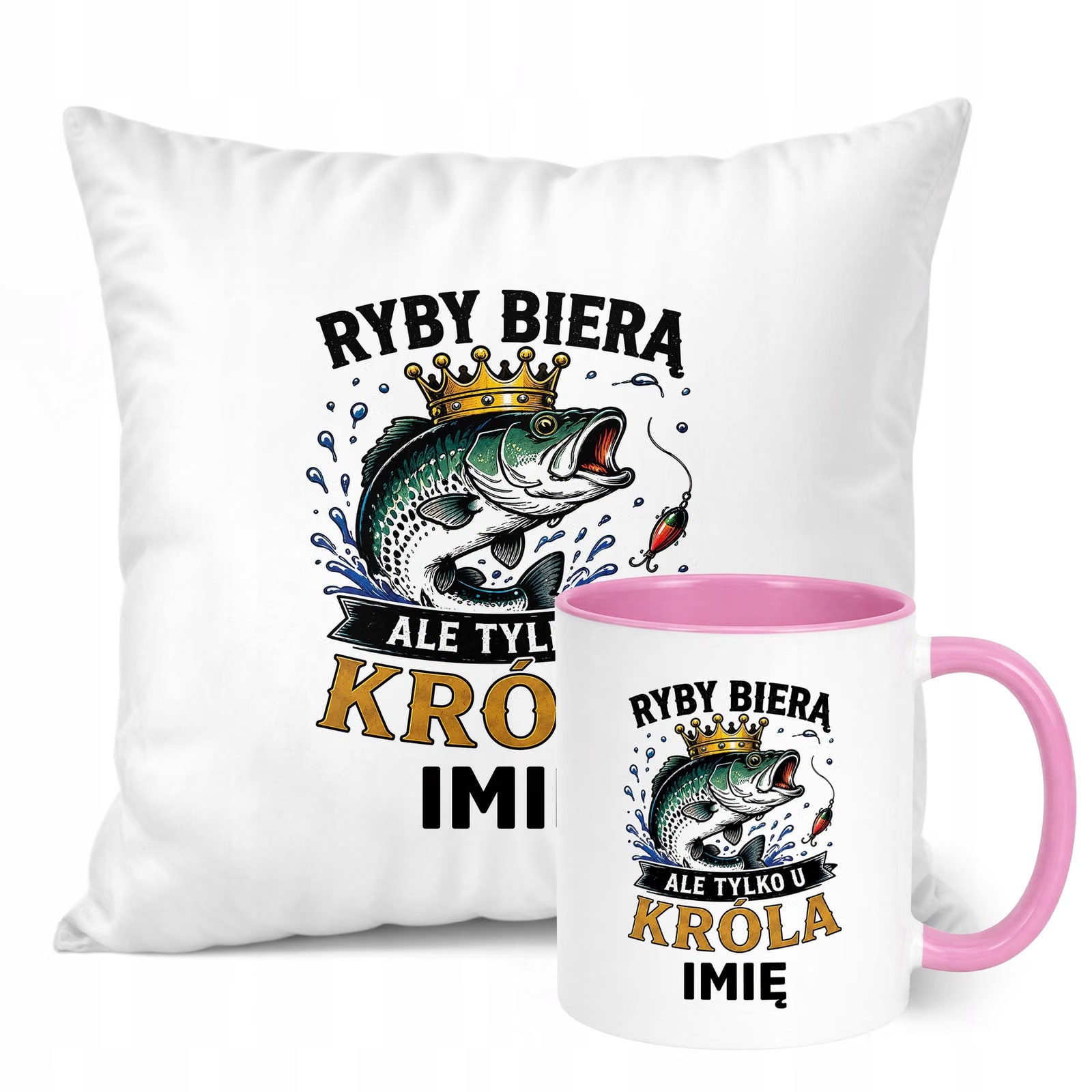 Zestaw Personalizowany Kubek Różowy Poduszka Z Nadrukiem Dla Wędkarza