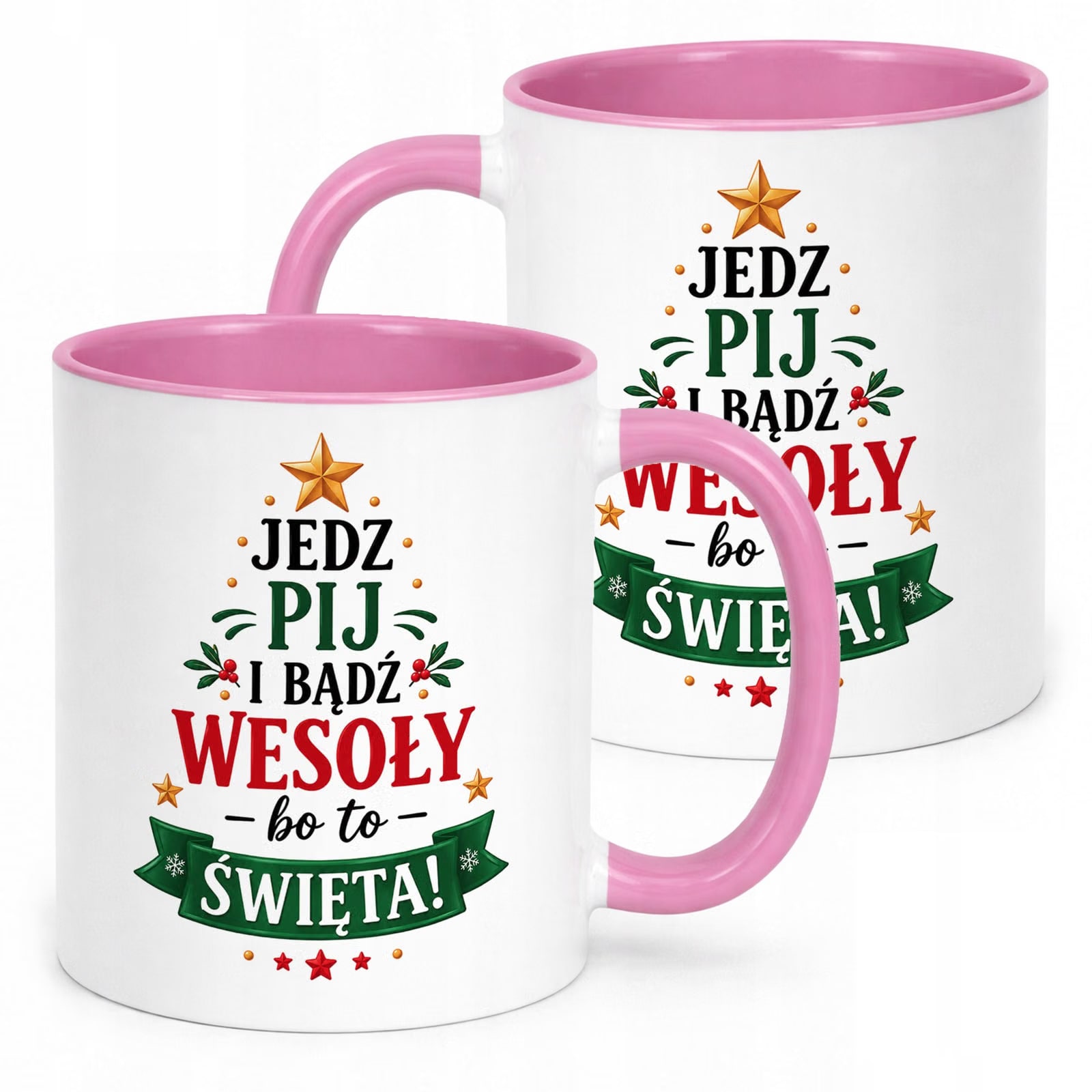 Kubek Różowy z Nadrukiem Boże Narodzenie Mikołajki Święta Choinka Prezent