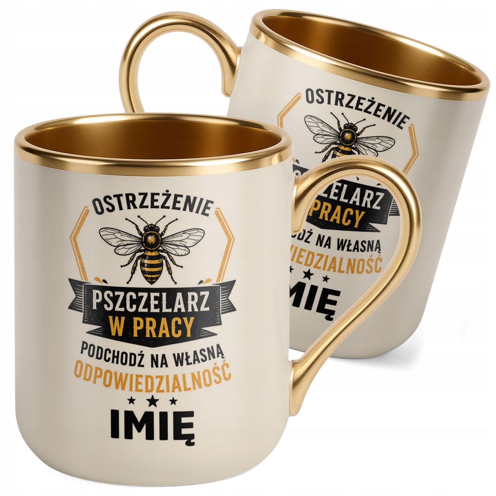 Kubek Personalizowany z nadrukiem Premium Złoty Ecru Dla Pszczelarza