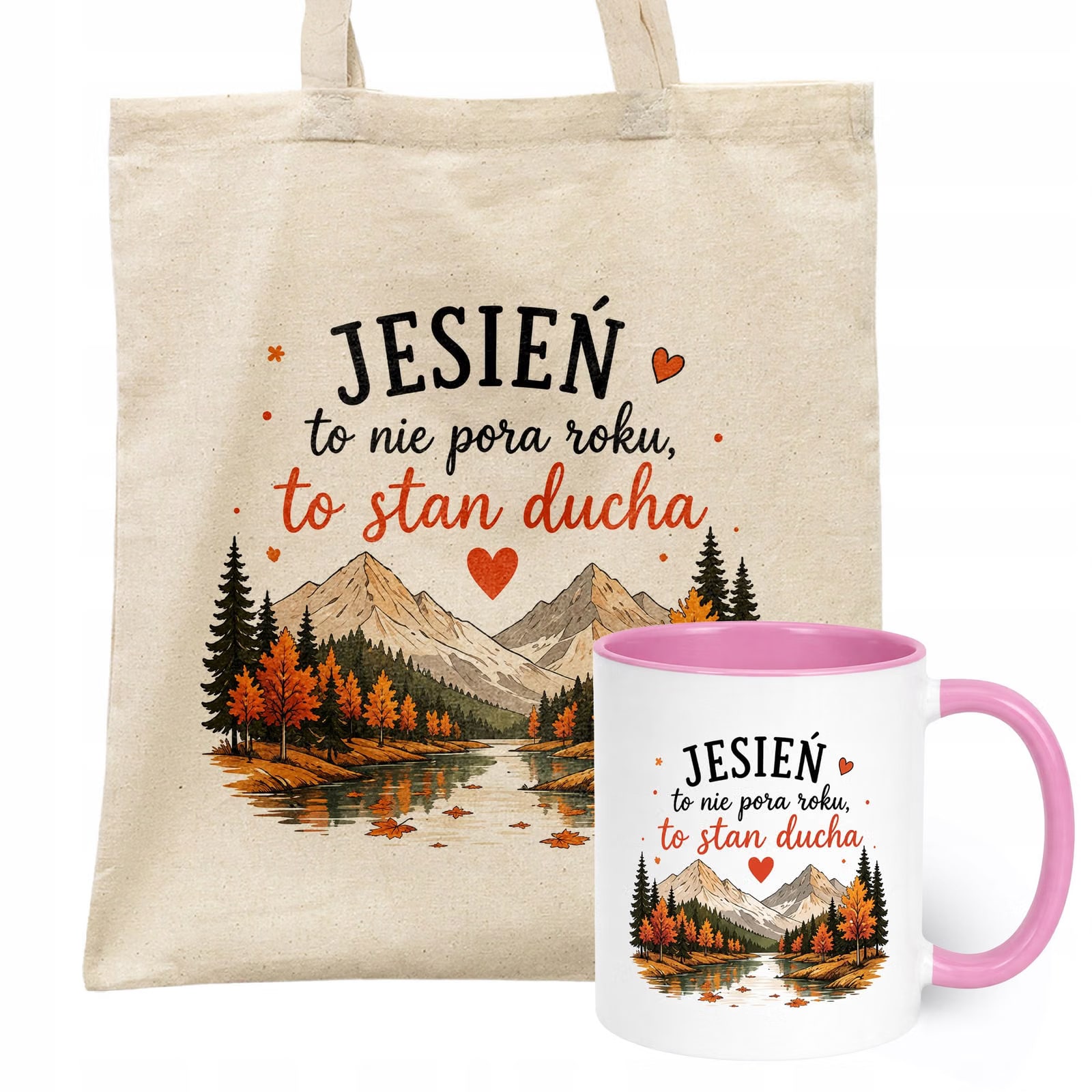 Zestaw Kubek Różowy Torba Shopper Ecru Z Nadrukiem Jesień Jesienny