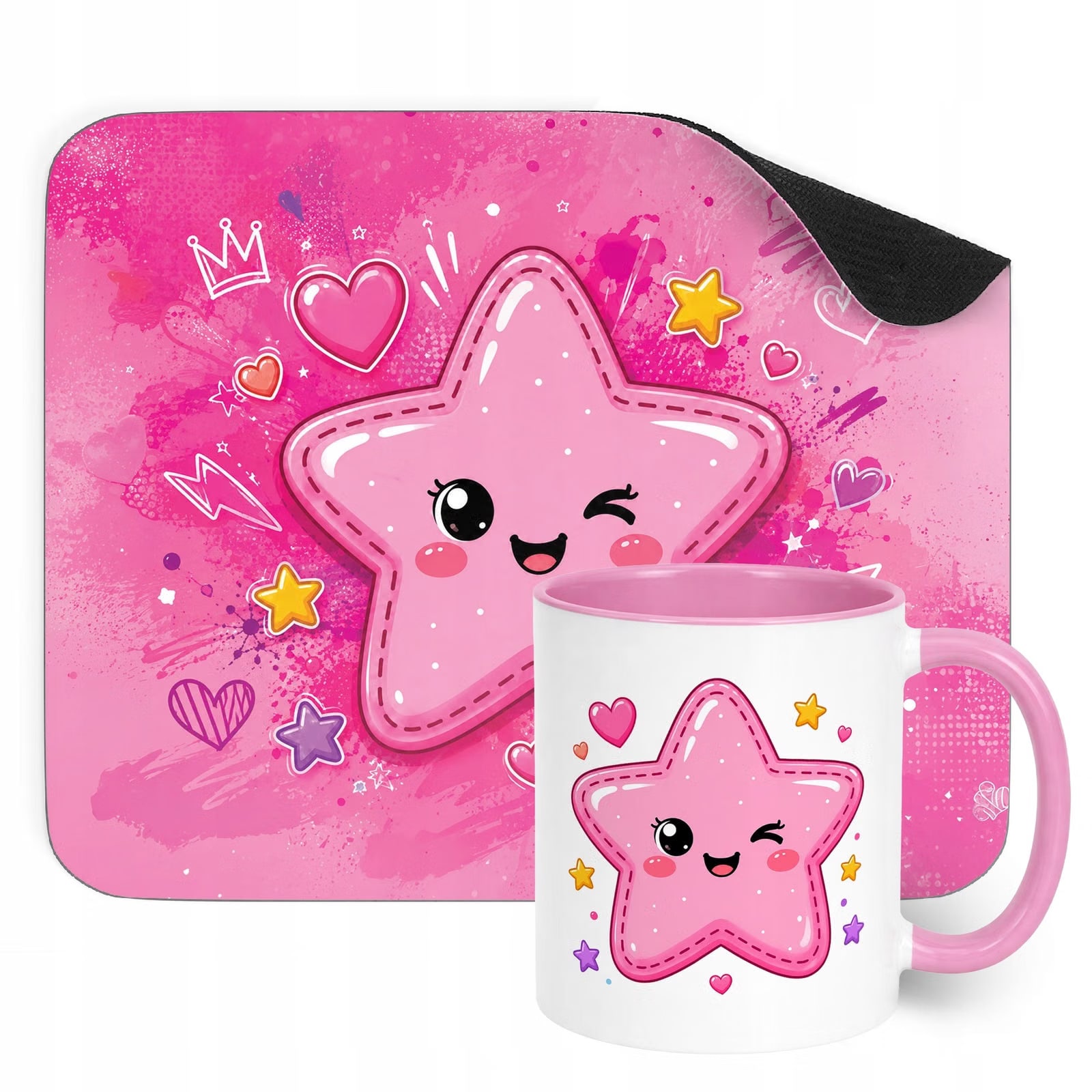 Zestaw Kubek Różowy Podkładka pod mysz z nadrukiem Kawaii Gwiazdka