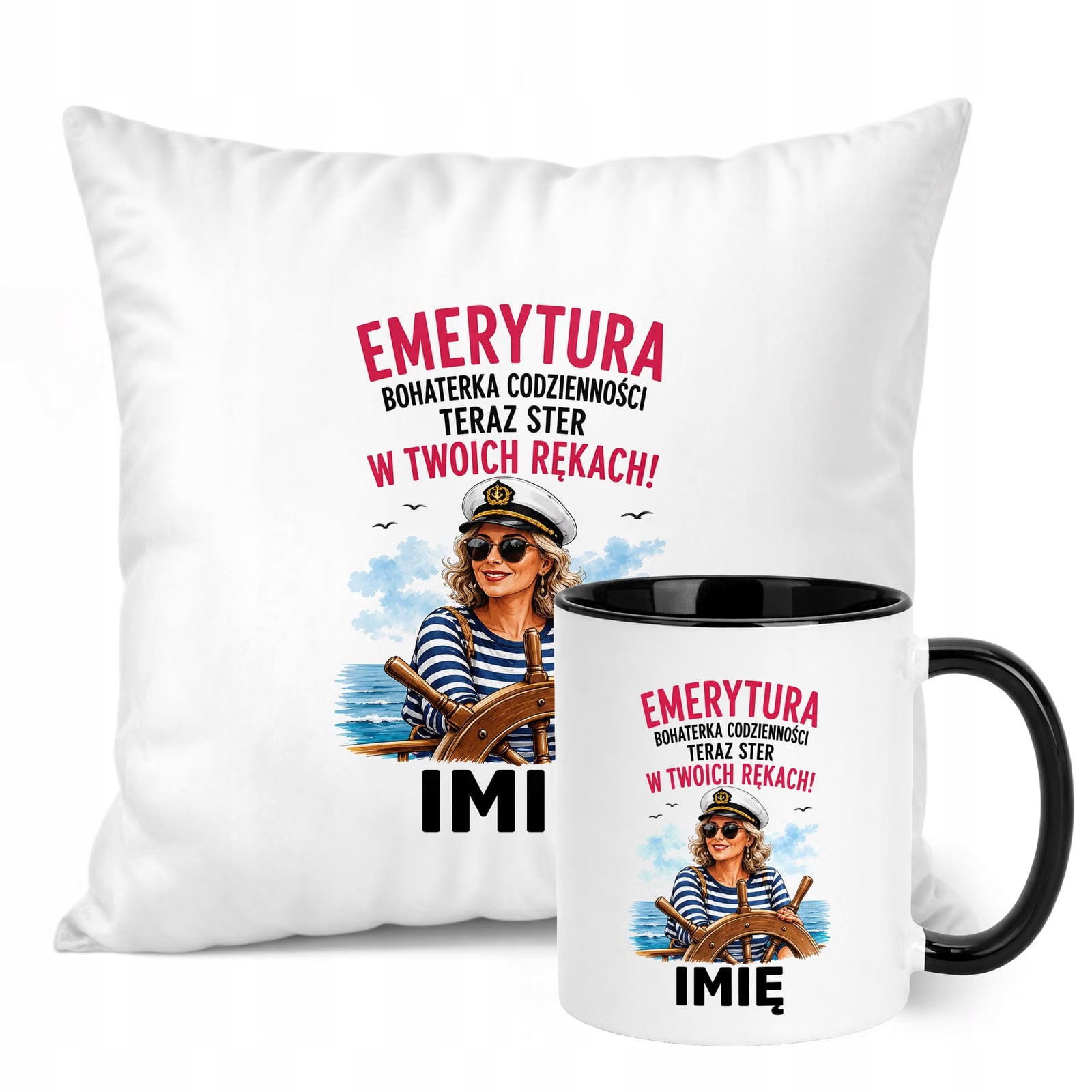 Zestaw Personalizowany Kubek Czarny Poduszka Emerytura Upominek Prezent