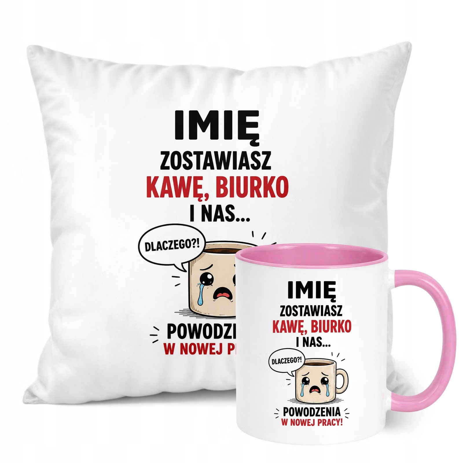 Zestaw Personalizowany Kubek Różowy Poduszka Odejście z Pracy Prezent