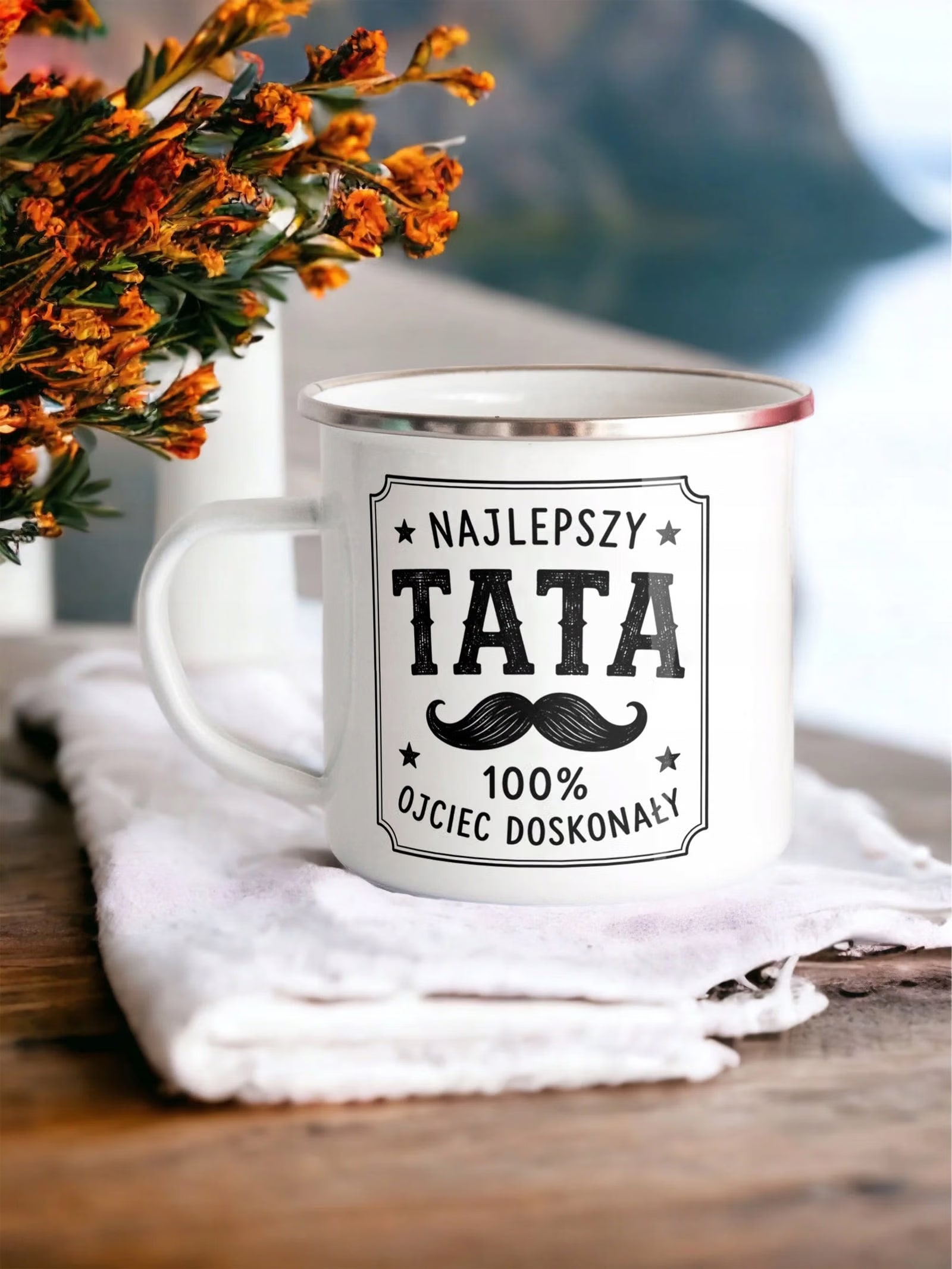 Kubek Emaliowany prezent dla taty Dzień Ojca z Nadrukiem Biały Metalowy