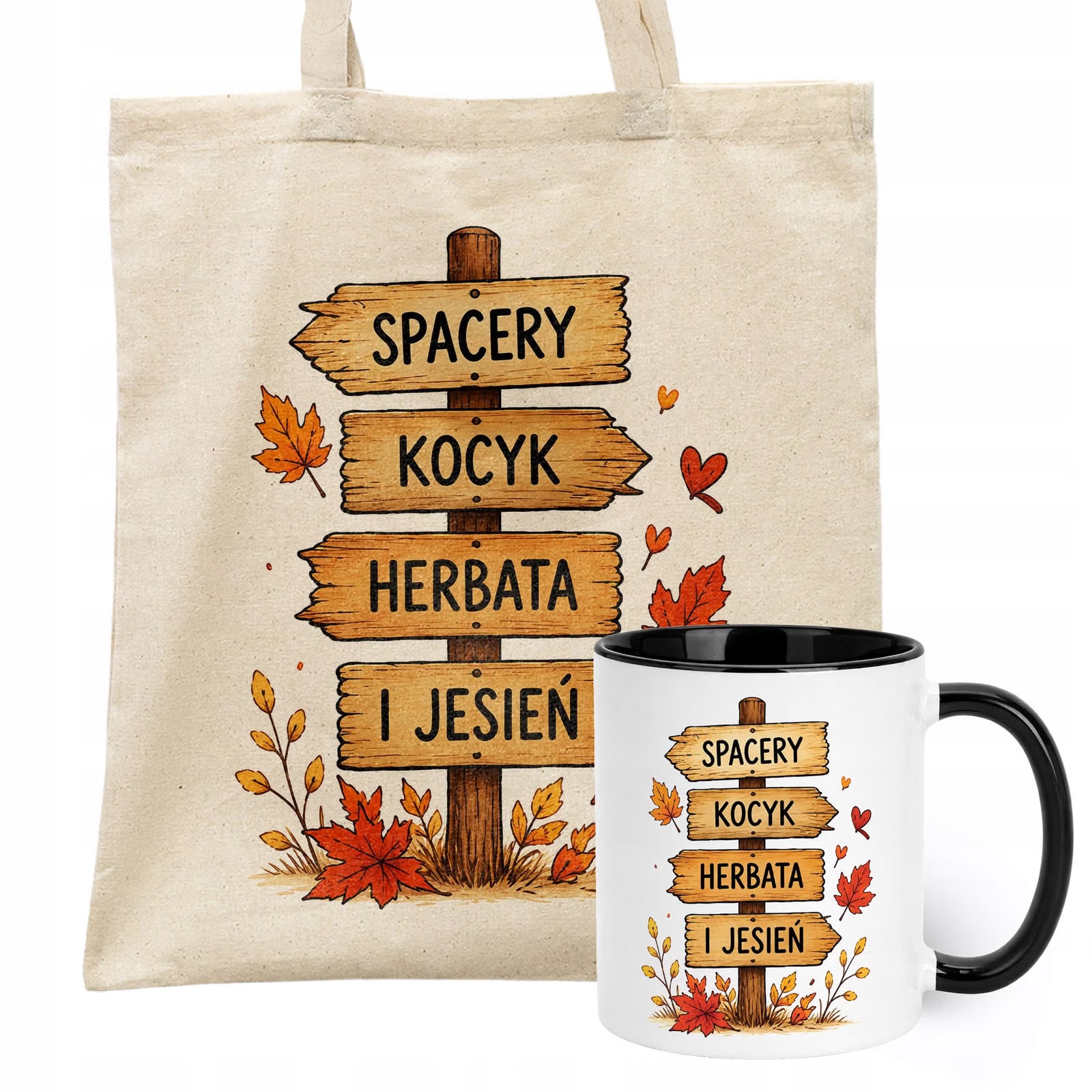 Zestaw Kubek Czarny Torba Shopper Ecru Z Nadrukiem Jesień Jesienny