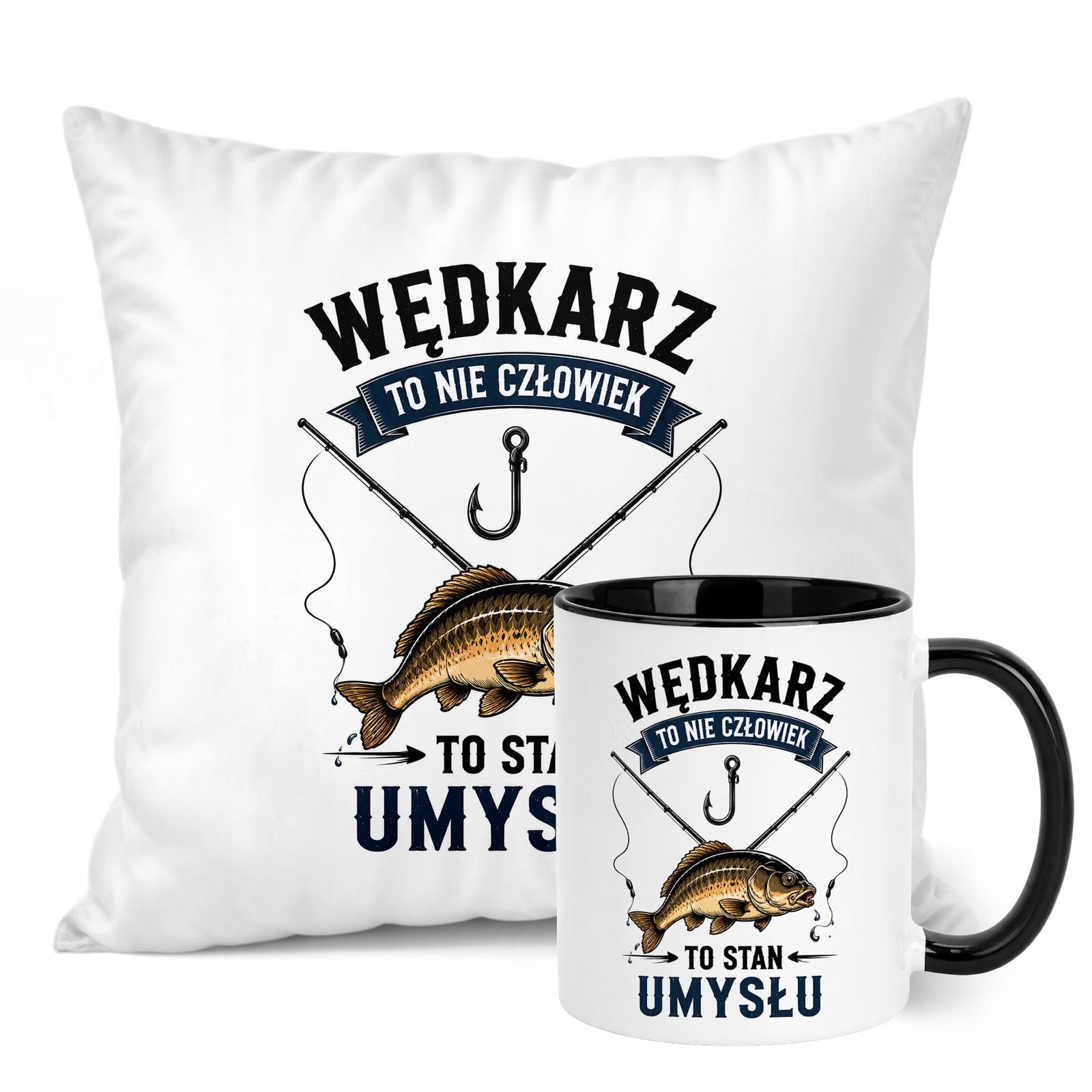 Zestaw Kubek Czarny Poduszka Z Nadrukiem Dla Wędkarza Prezent