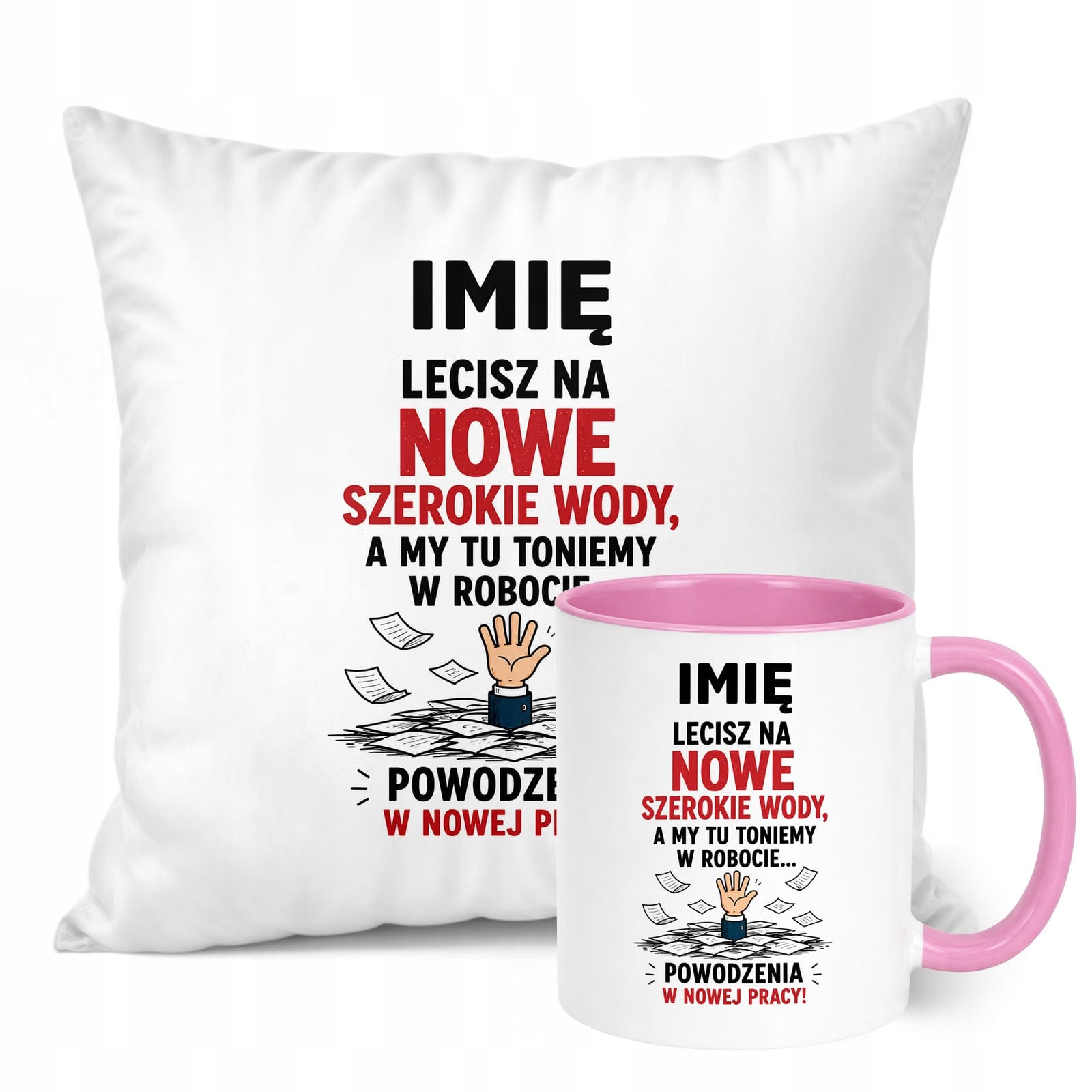 Zestaw Personalizowany Kubek Różowy Poduszka Odejście z Pracy Prezent