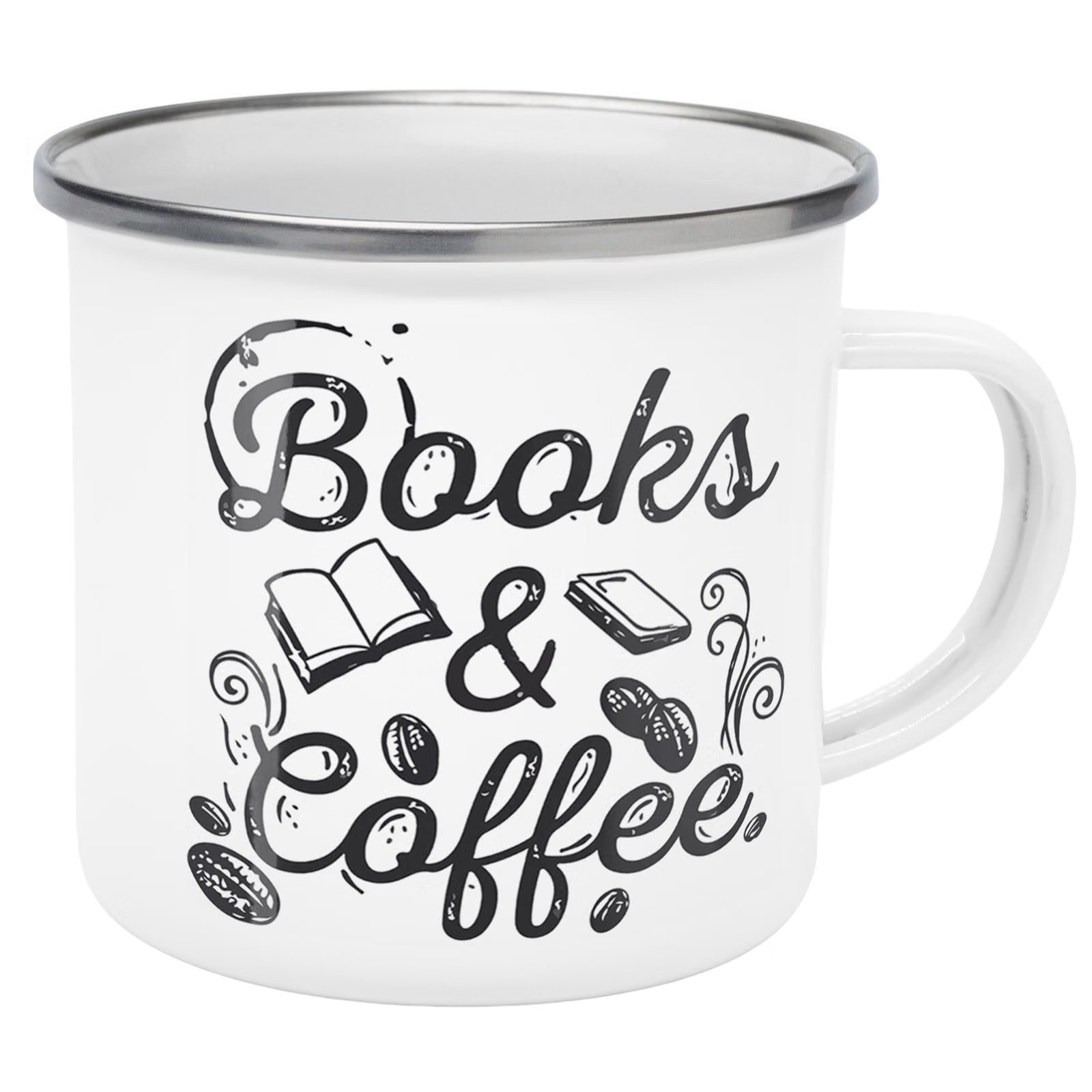 Kubek Emaliowany Coffee And Books Dla Fanów z Nadrukiem Biały Metalowy