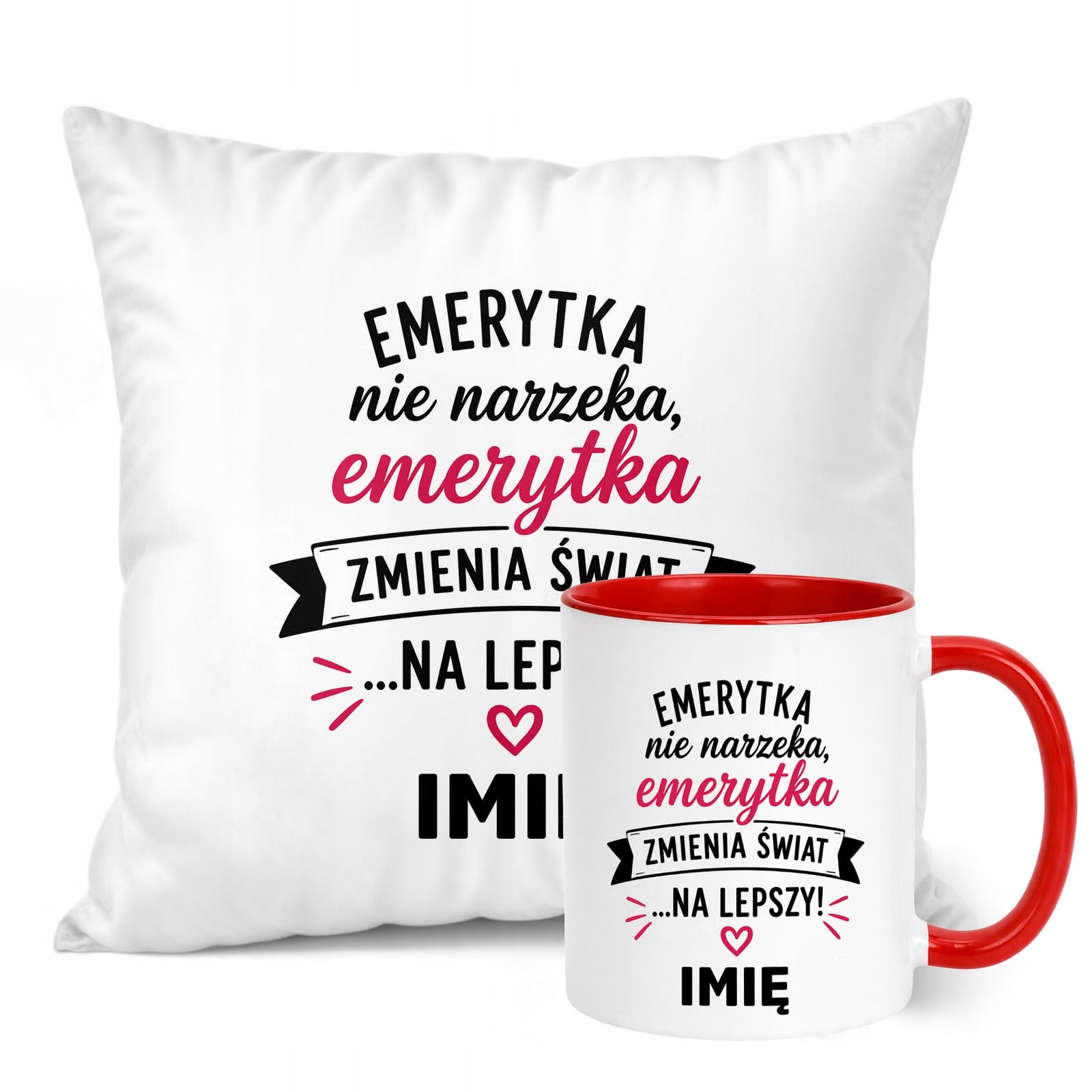 Zestaw Personalizowany Kubek Czerwony Poduszka Emerytura Upominek Prezent