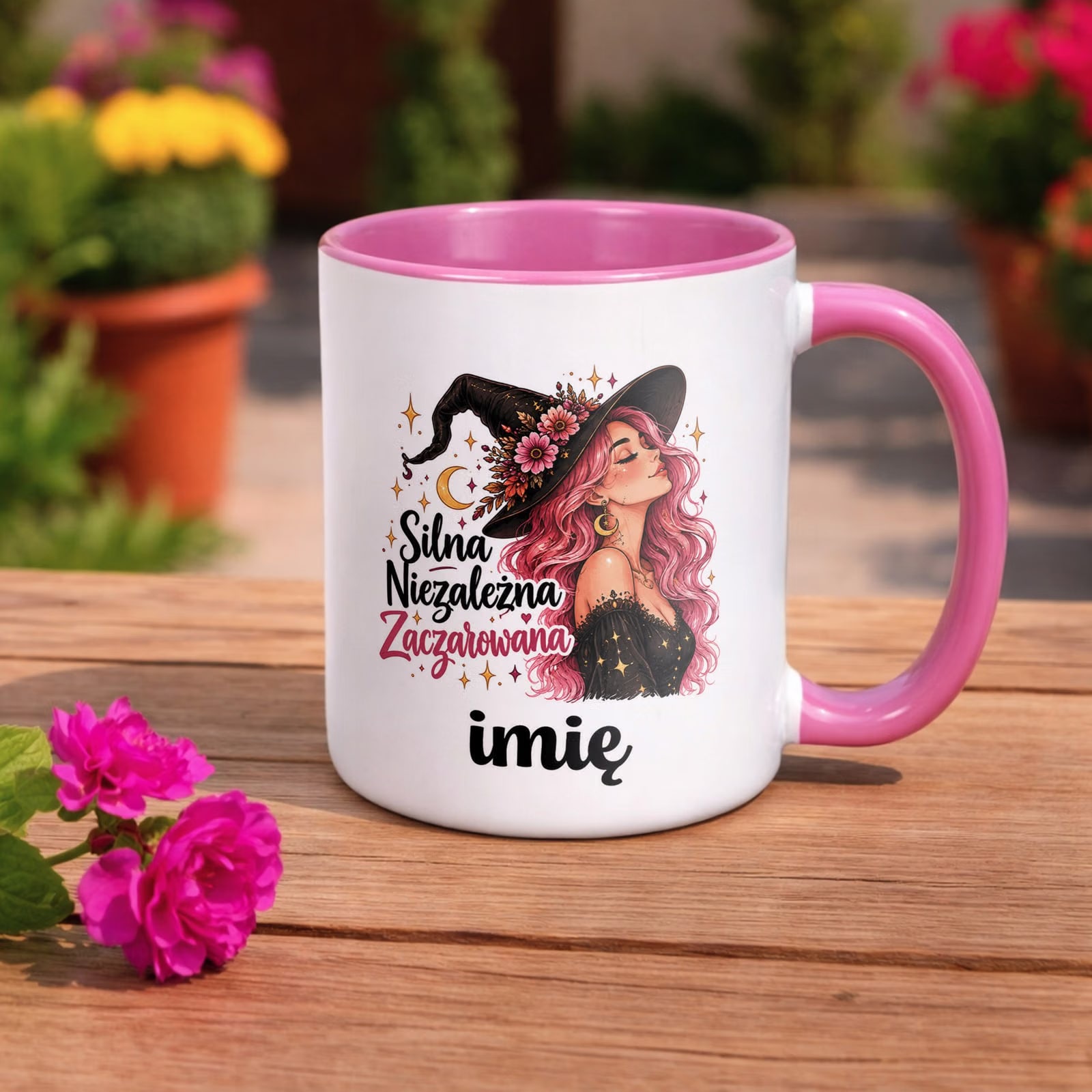 Kubek Różowy Personalizowany z Nadrukiem Dla Kobiet Czarownica Wiedźma