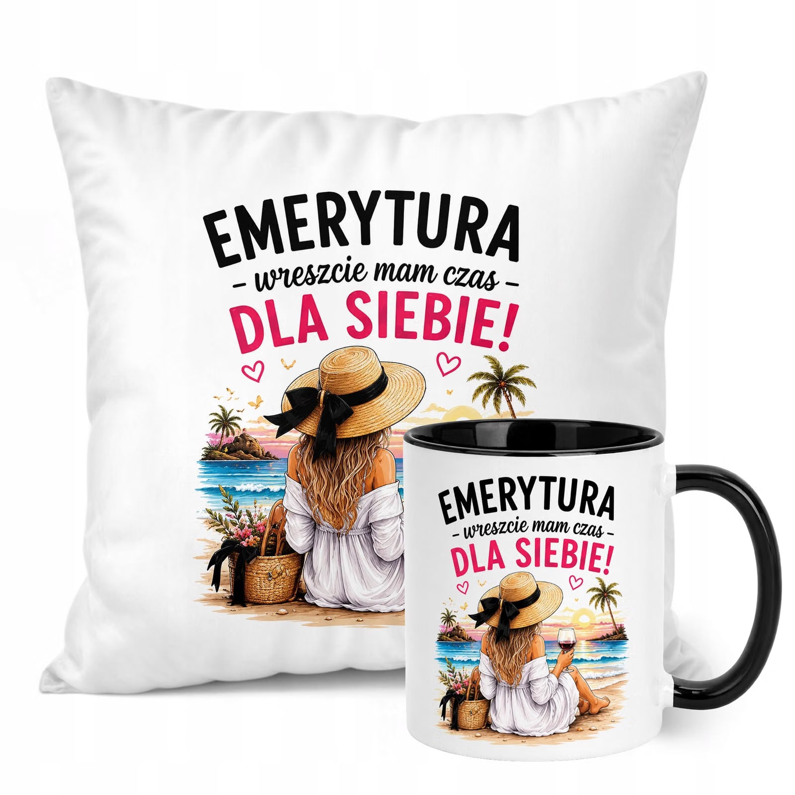 Zestaw Kubek Czarny Poduszka Z Nadrukiem Emerytura Dla Emerytki Prezent