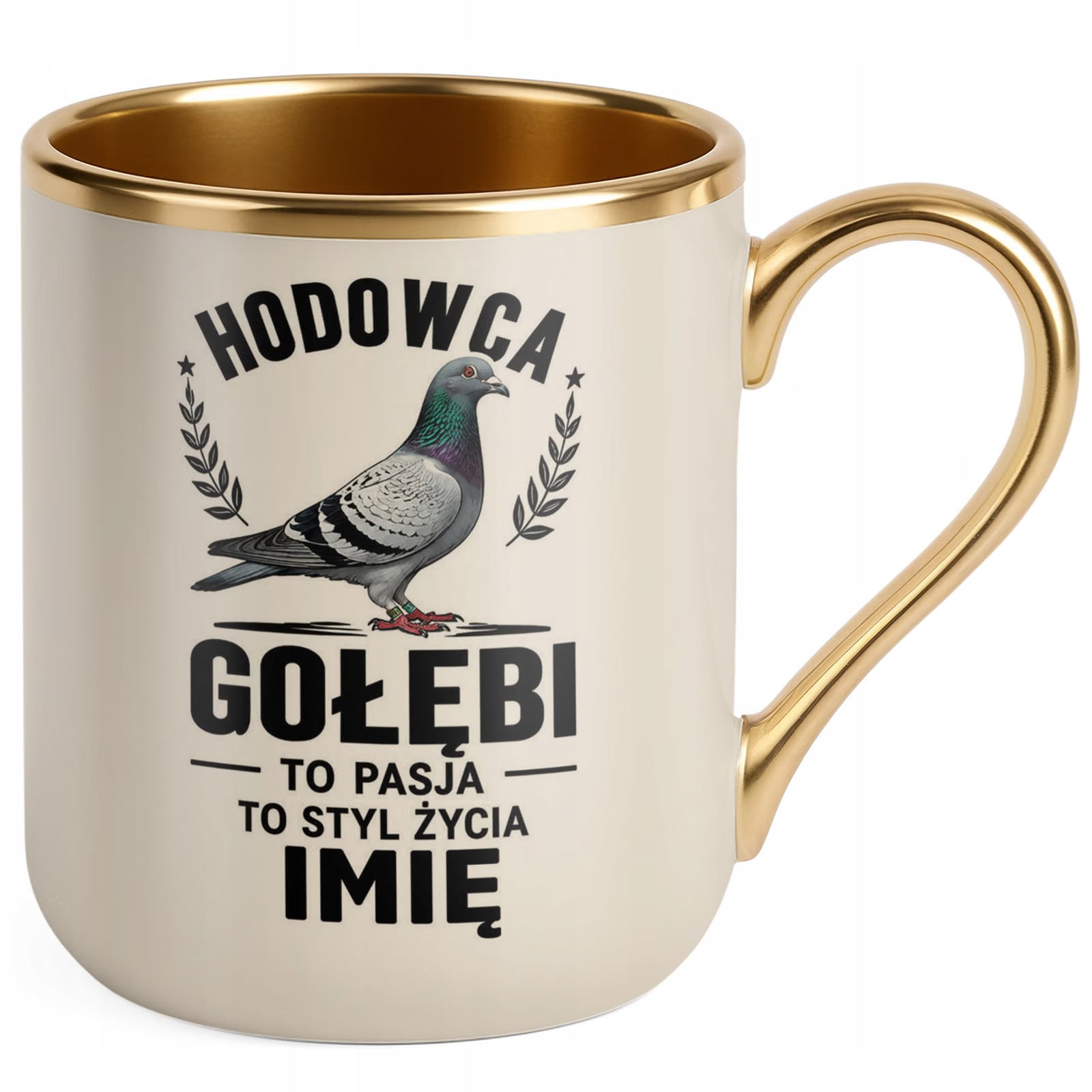 Kubek Personalizowany z nadrukiem Premium Złoty Ecru Dla Gołębiarza Prezent