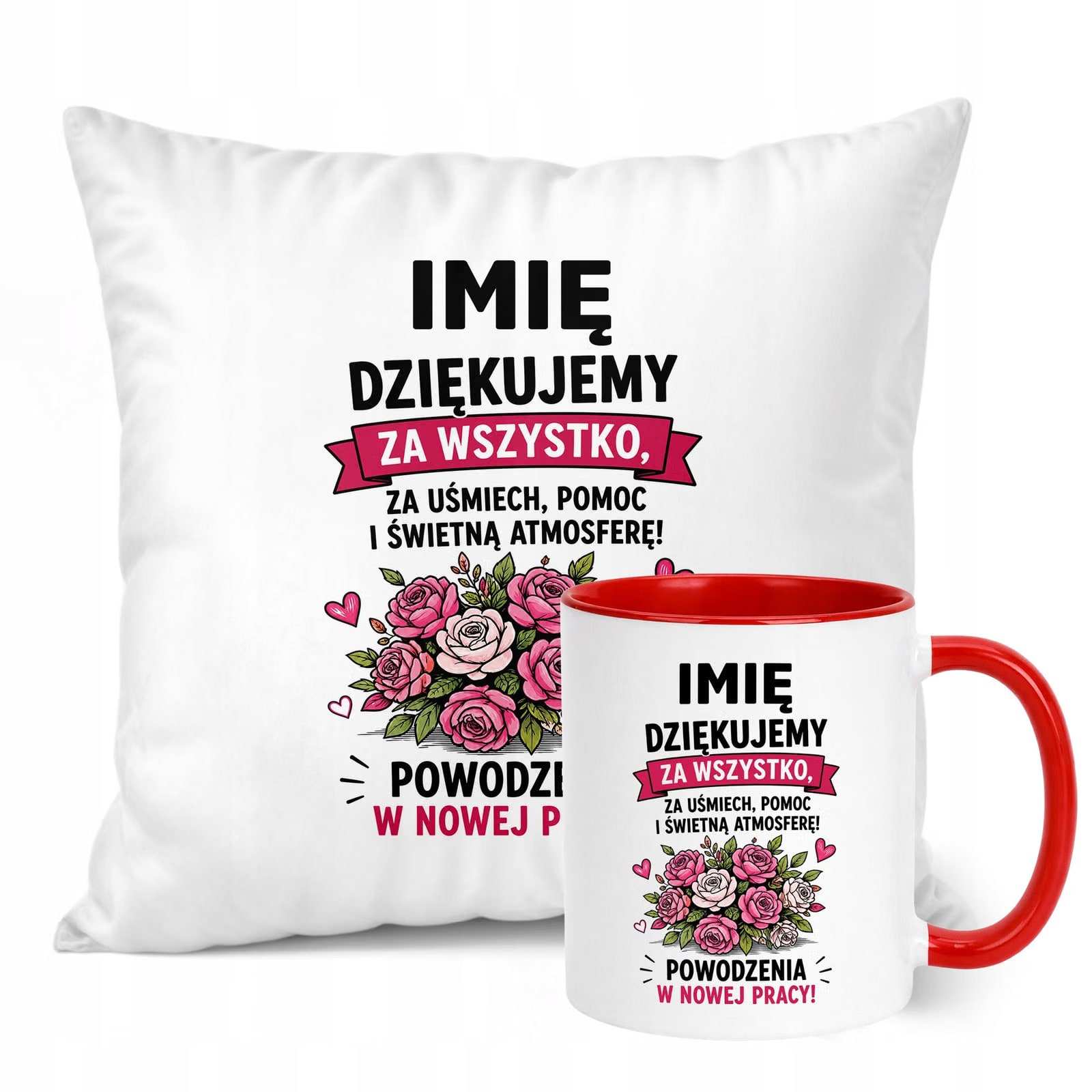 Zestaw Personalizowany Kubek Czerwony Poduszka Odejście z Pracy Prezent