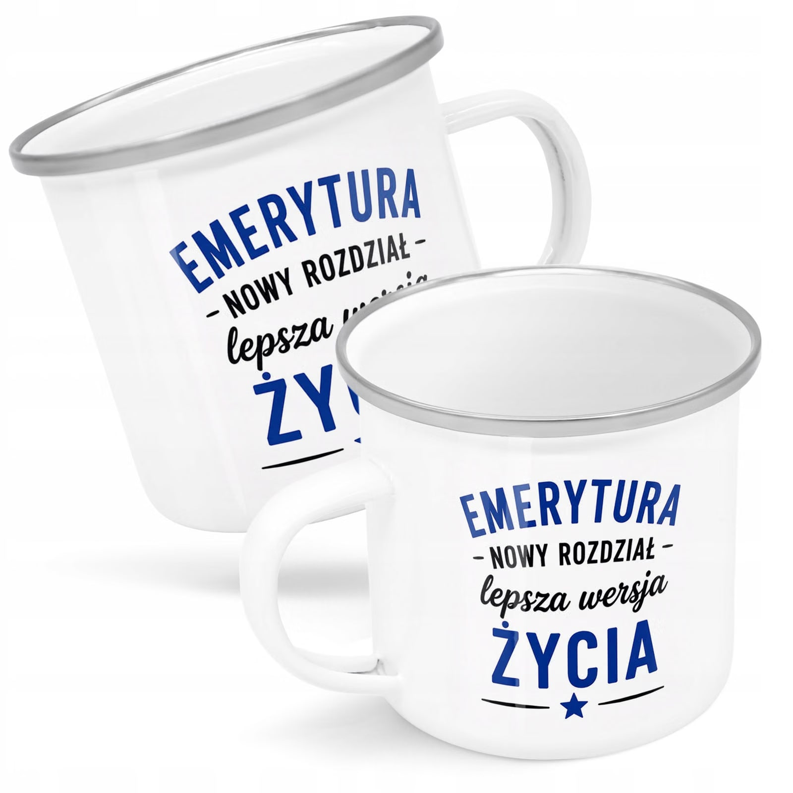 Kubek Emaliowany Emerytura Dla Emeryta z Nadrukiem Biały Metalowy Prezent