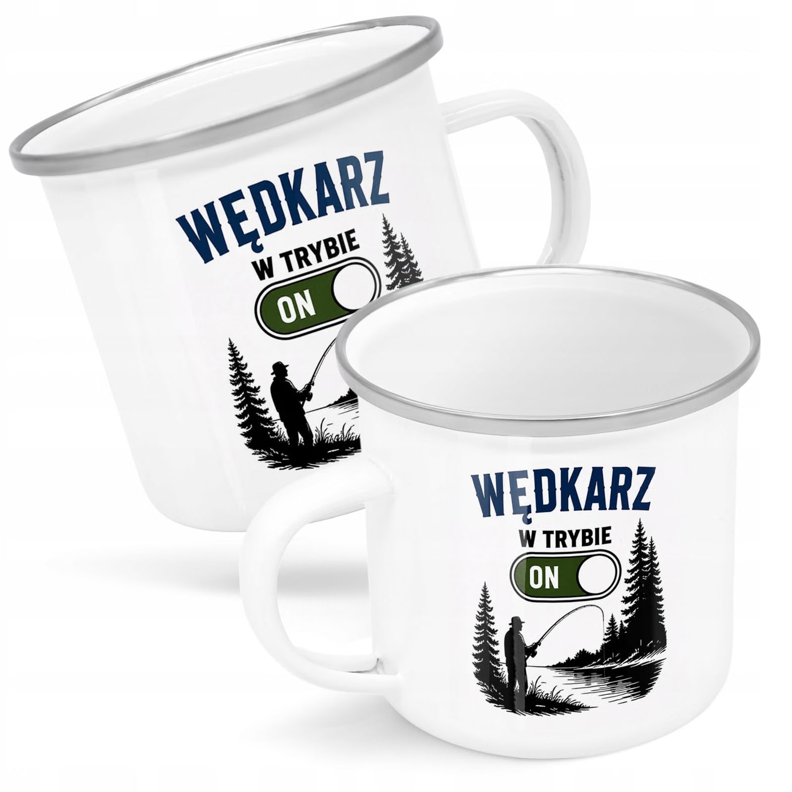 Kubek Emaliowany Dla Wędkarza z Nadrukiem Biały Metalowy Prezent