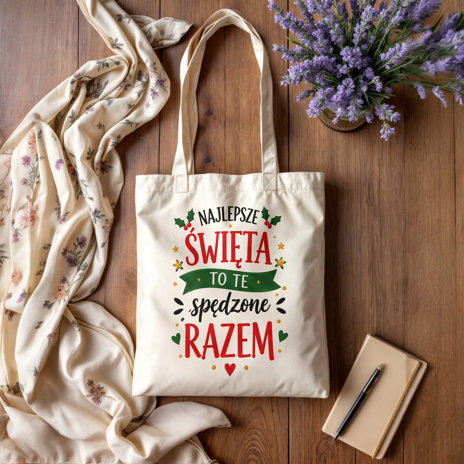 Torba shopper bawełniana świąteczna na zakupy z nadrukiem prezent