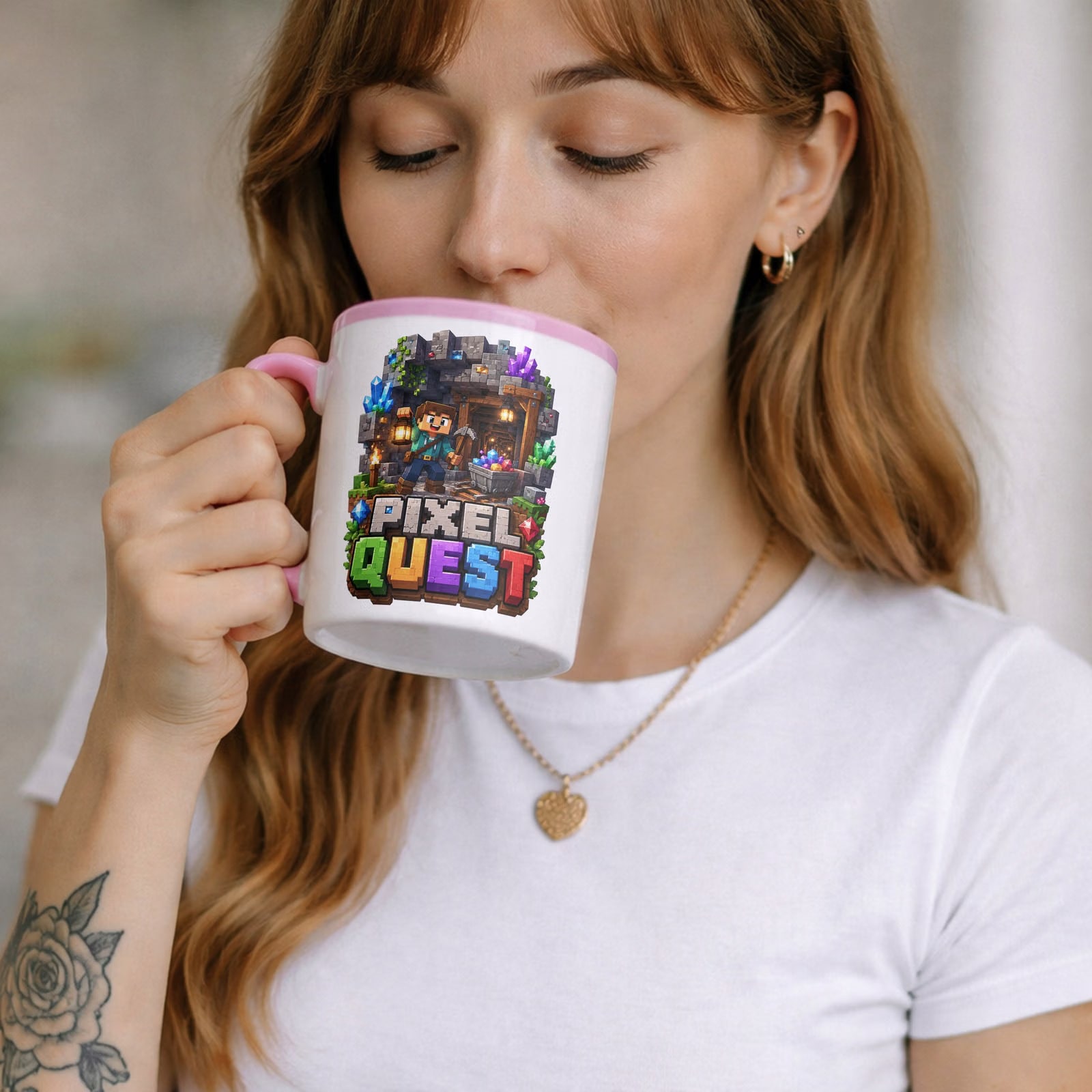 Zestaw Kubek Różowy Podkładka pod mysz z nadrukiem gra Pixel Quest