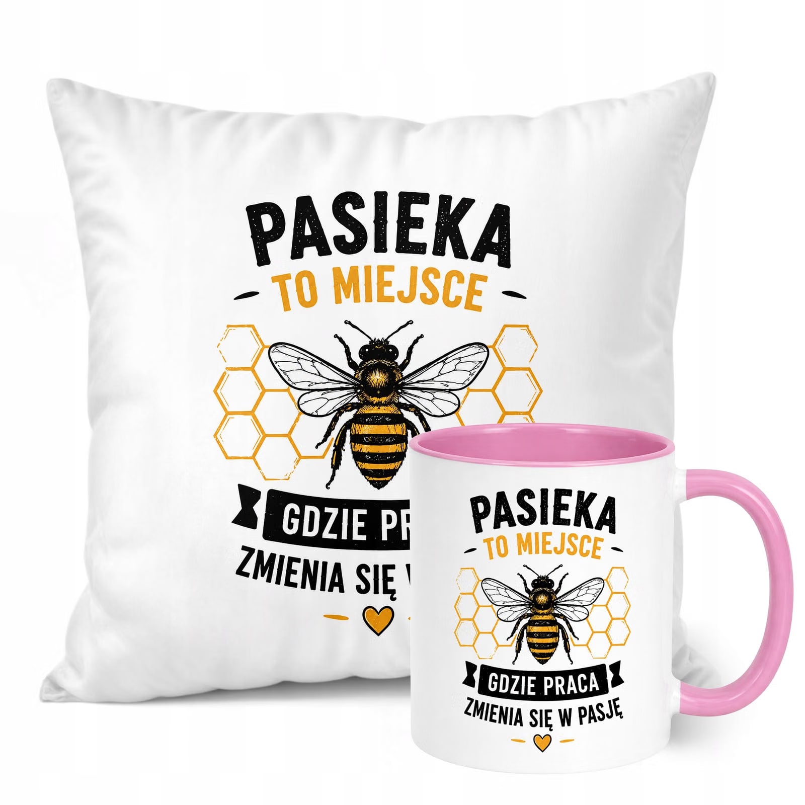 Zestaw Kubek Różowy Poduszka Z Nadrukiem Dla Pszczelarza Prezent