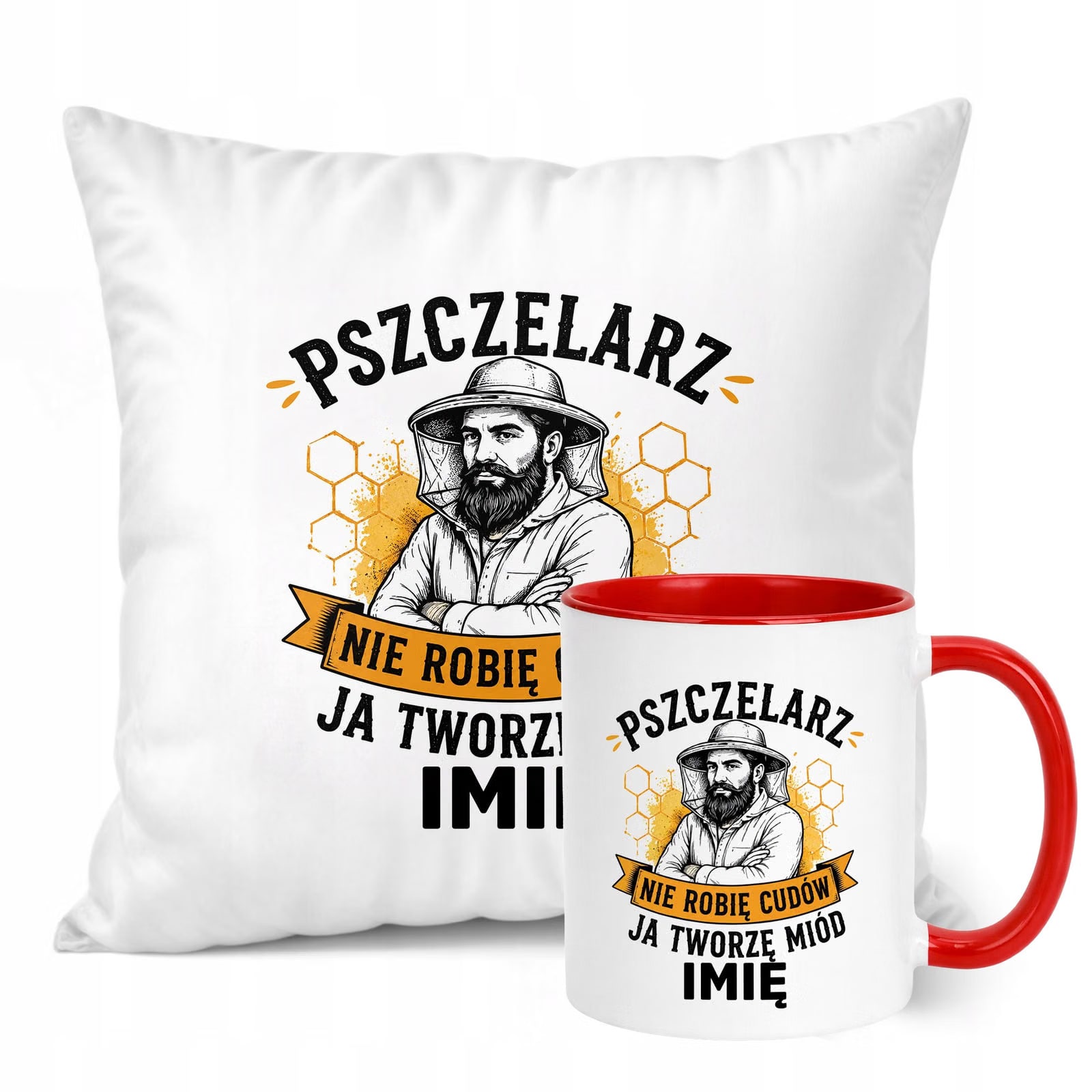 Zestaw Personalizowany Kubek Czerwony Poduszka Z Nadrukiem Dla Pszczelarza