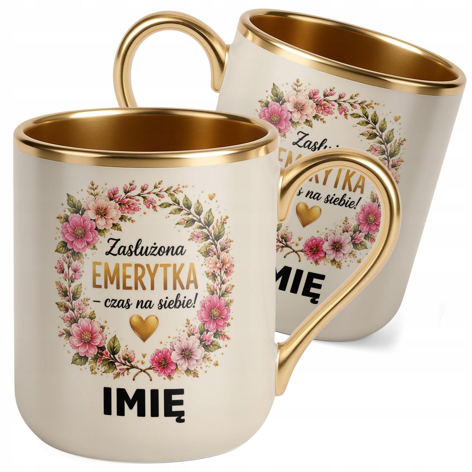 Kubek Personalizowany z nadrukiem Premium Złoty Ecru Emerytura Prezent