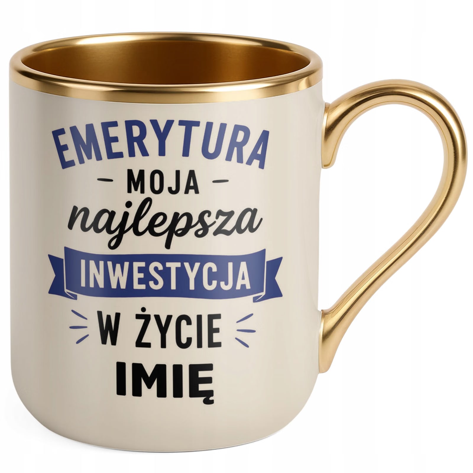 Kubek Personalizowany z nadrukiem Premium Złoty Ecru Emerytura Prezent