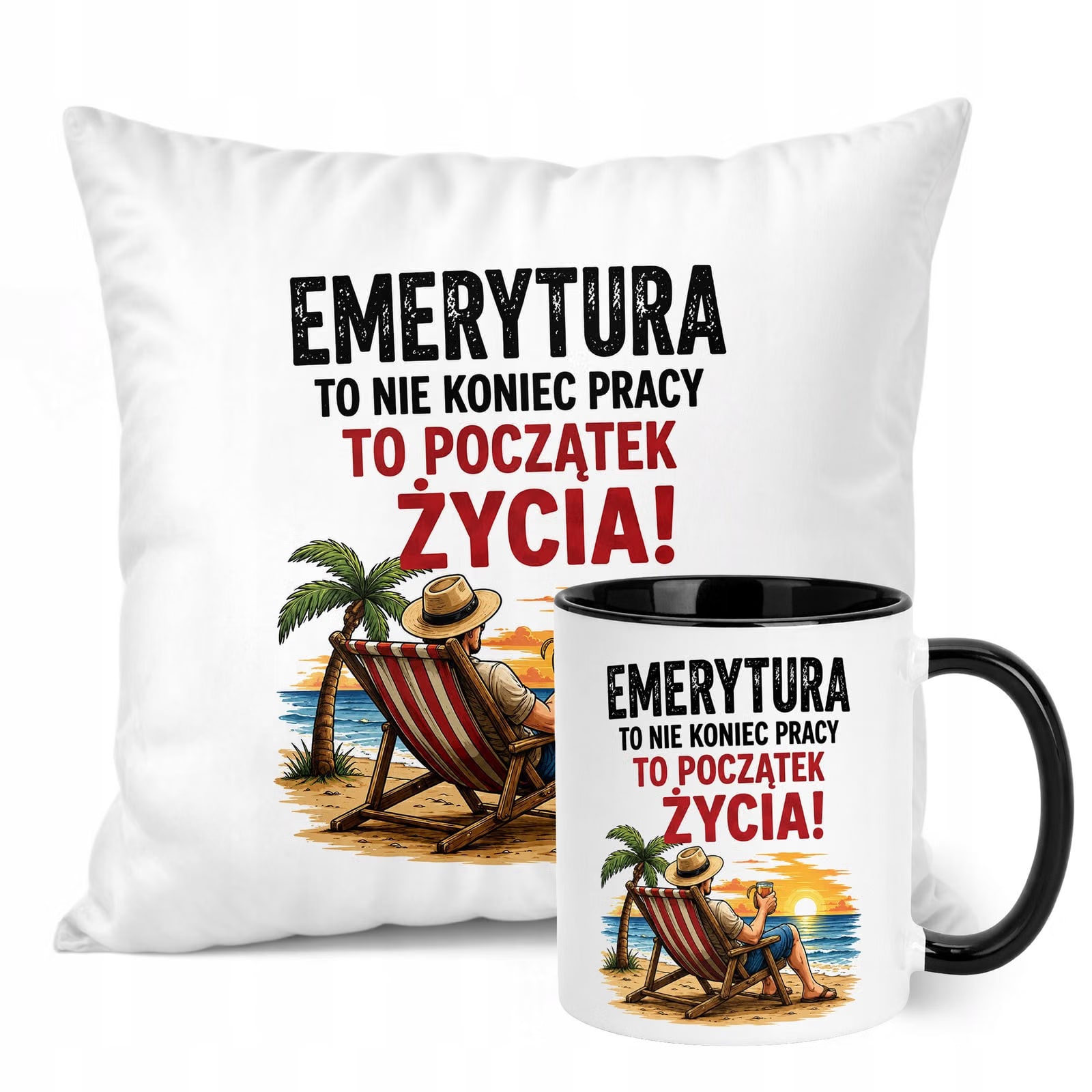 Zestaw Kubek Czarny Poduszka Z Nadrukiem Emerytura Prezent