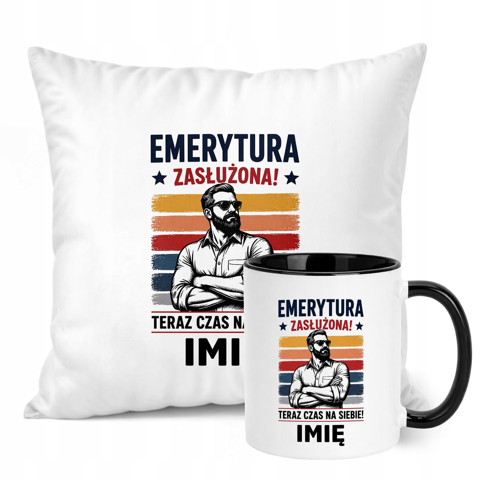 Zestaw Personalizowany Kubek Czarny Poduszka Emerytura Upominek Prezent