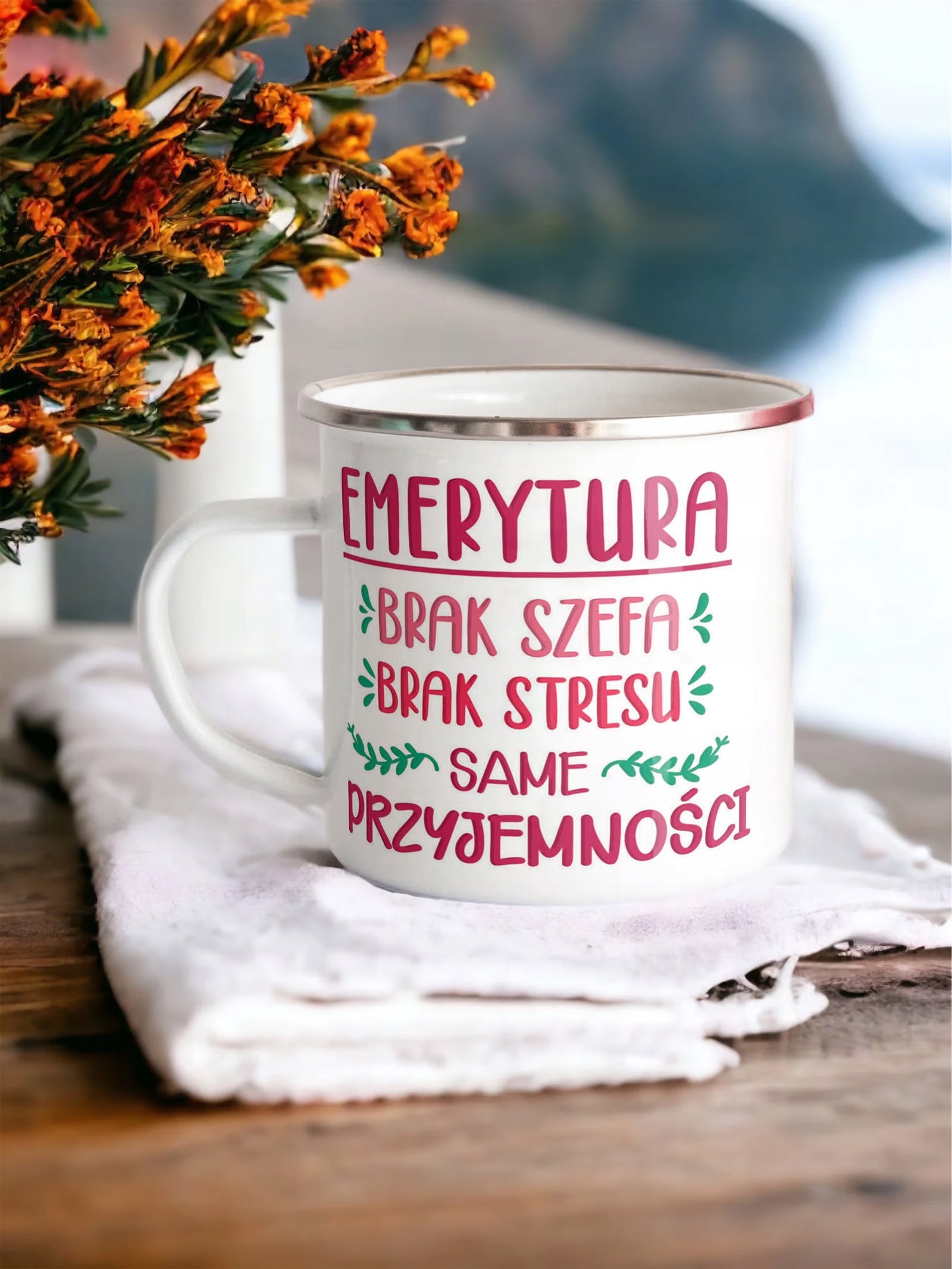 Kubek Emaliowany z okazji Emerytury Dla Emeryta z Nadrukiem Biały Metalowy