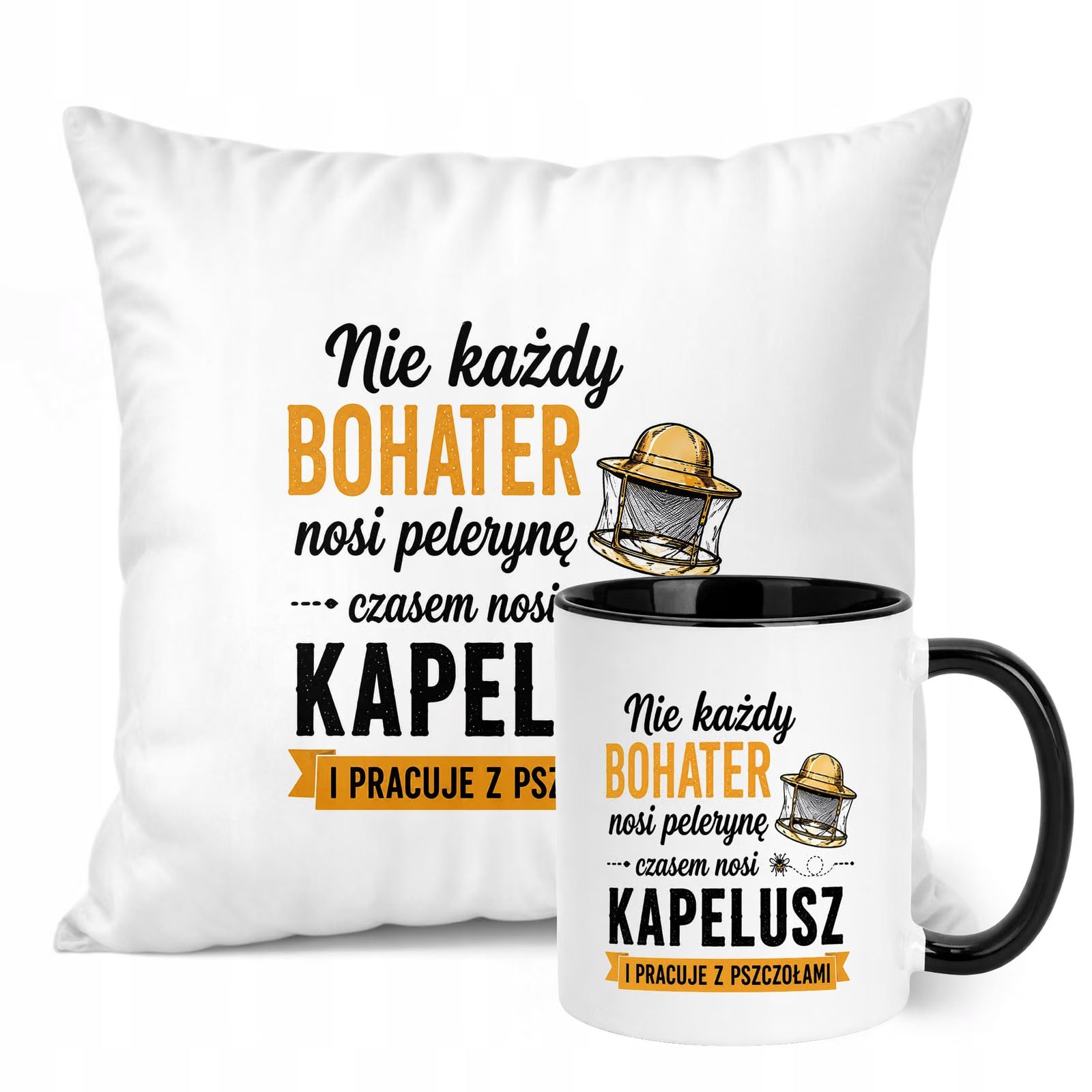 Zestaw Kubek Czarny Poduszka Z Nadrukiem Dla Pszczelarza Prezent
