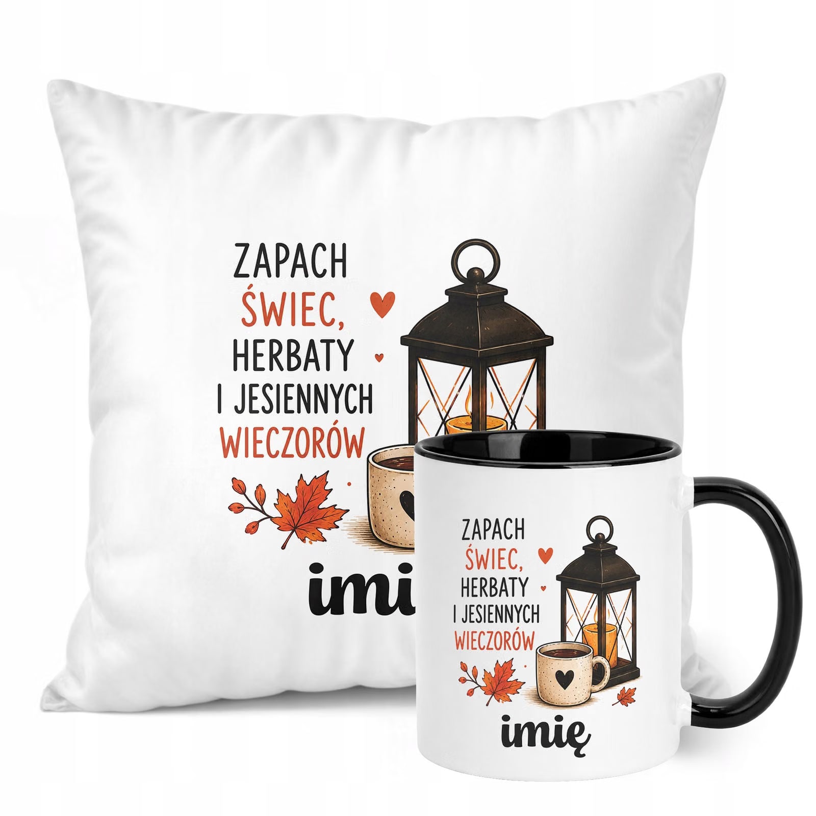 Zestaw Personalizowany Kubek Czarny Poduszka Jesień Jesienny Z Nadrukiem