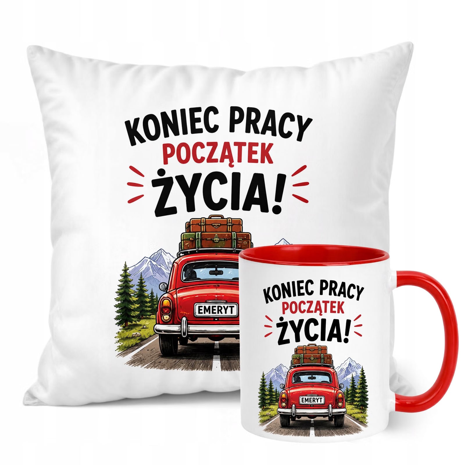 Zestaw Kubek Czerwony Poduszka Z Nadrukiem Emerytura Prezent