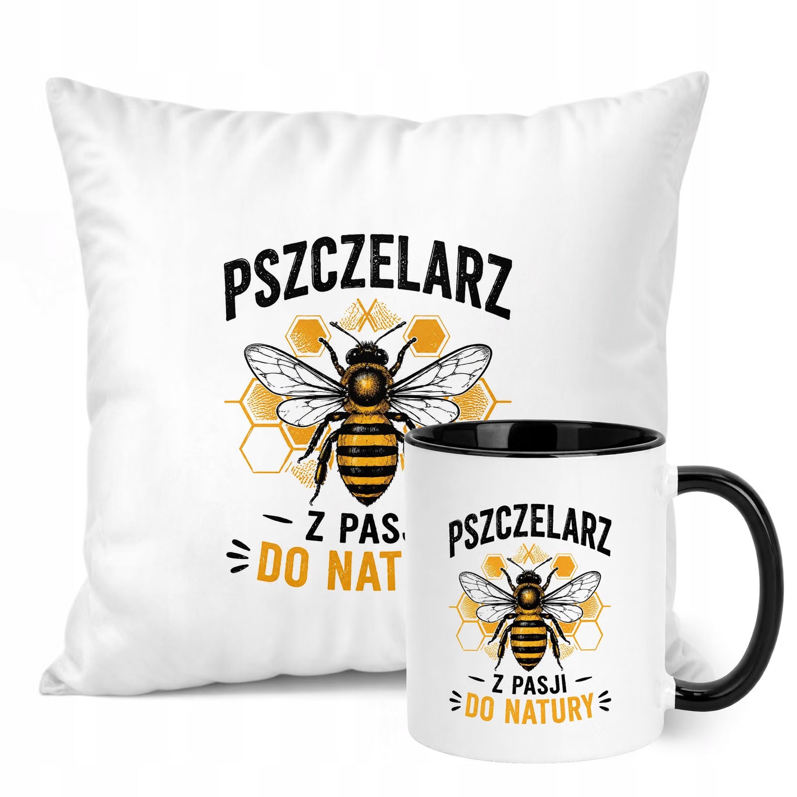 Zestaw Kubek Czarny Poduszka Z Nadrukiem Dla Pszczelarza Prezent