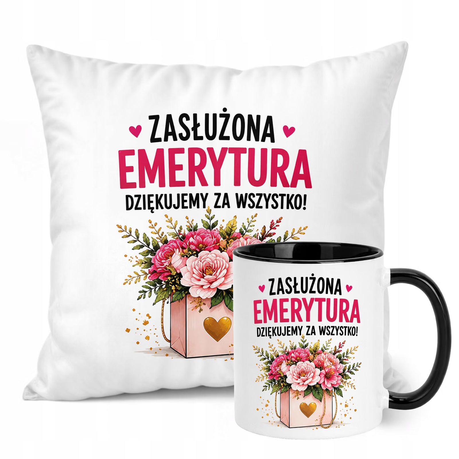 Zestaw Kubek Czarny Poduszka Z Nadrukiem Emerytura Dla Emerytki Prezent