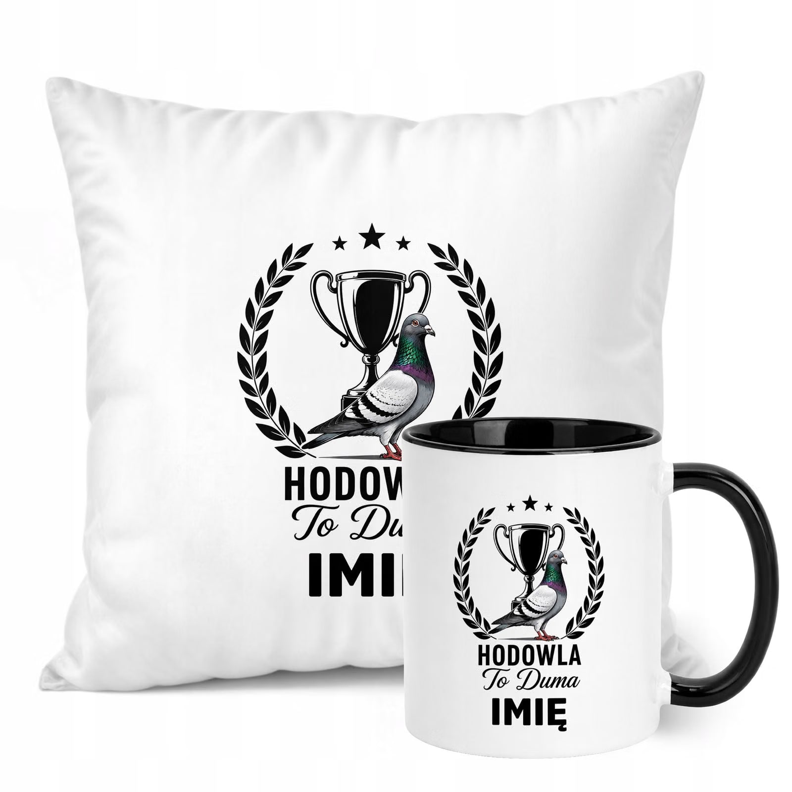 Zestaw Personalizowany Kubek Czarny Poduszka Z Nadrukiem Dla Gołębiarza