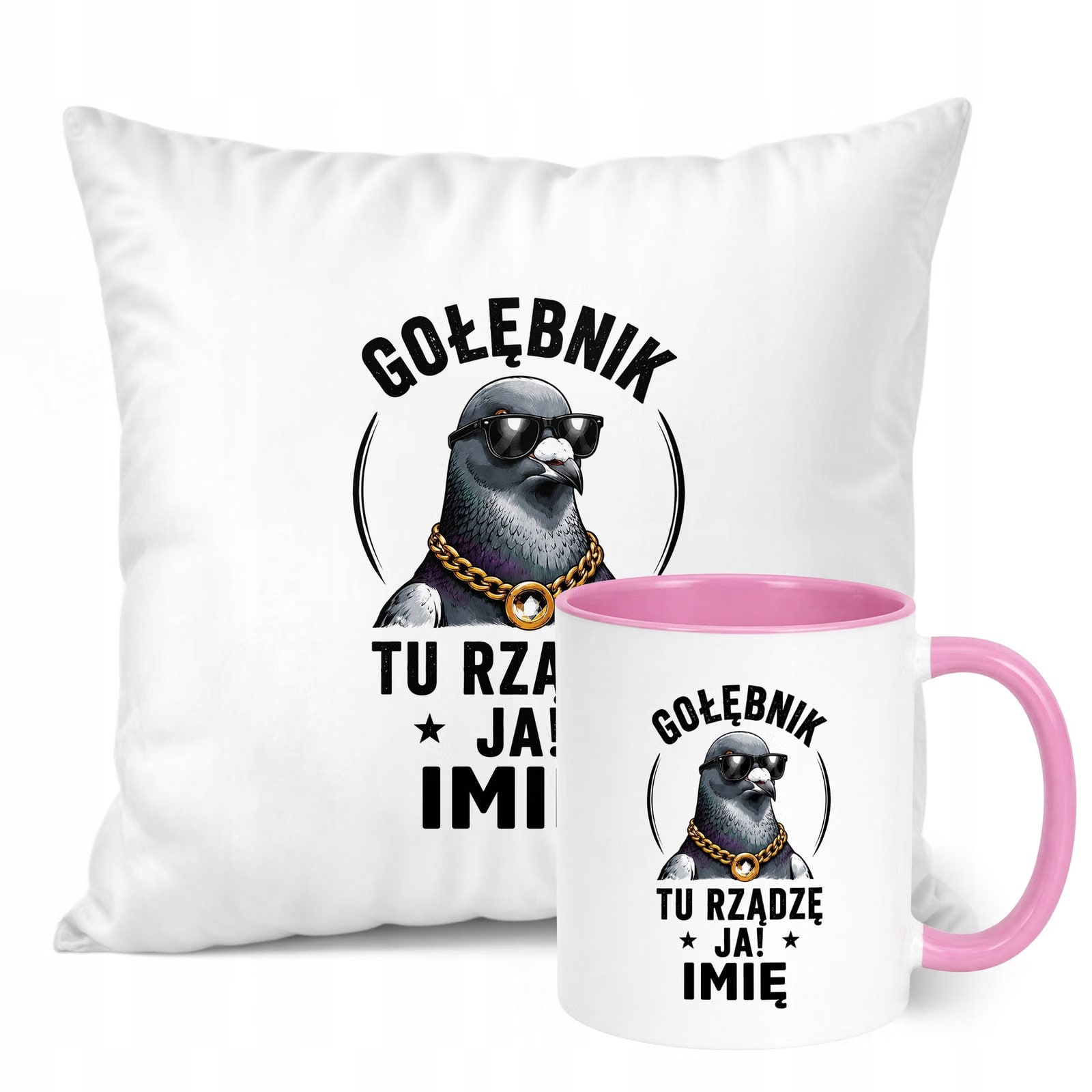 Zestaw Personalizowany Kubek Różowy Poduszka Z Nadrukiem Dla Gołębiarza