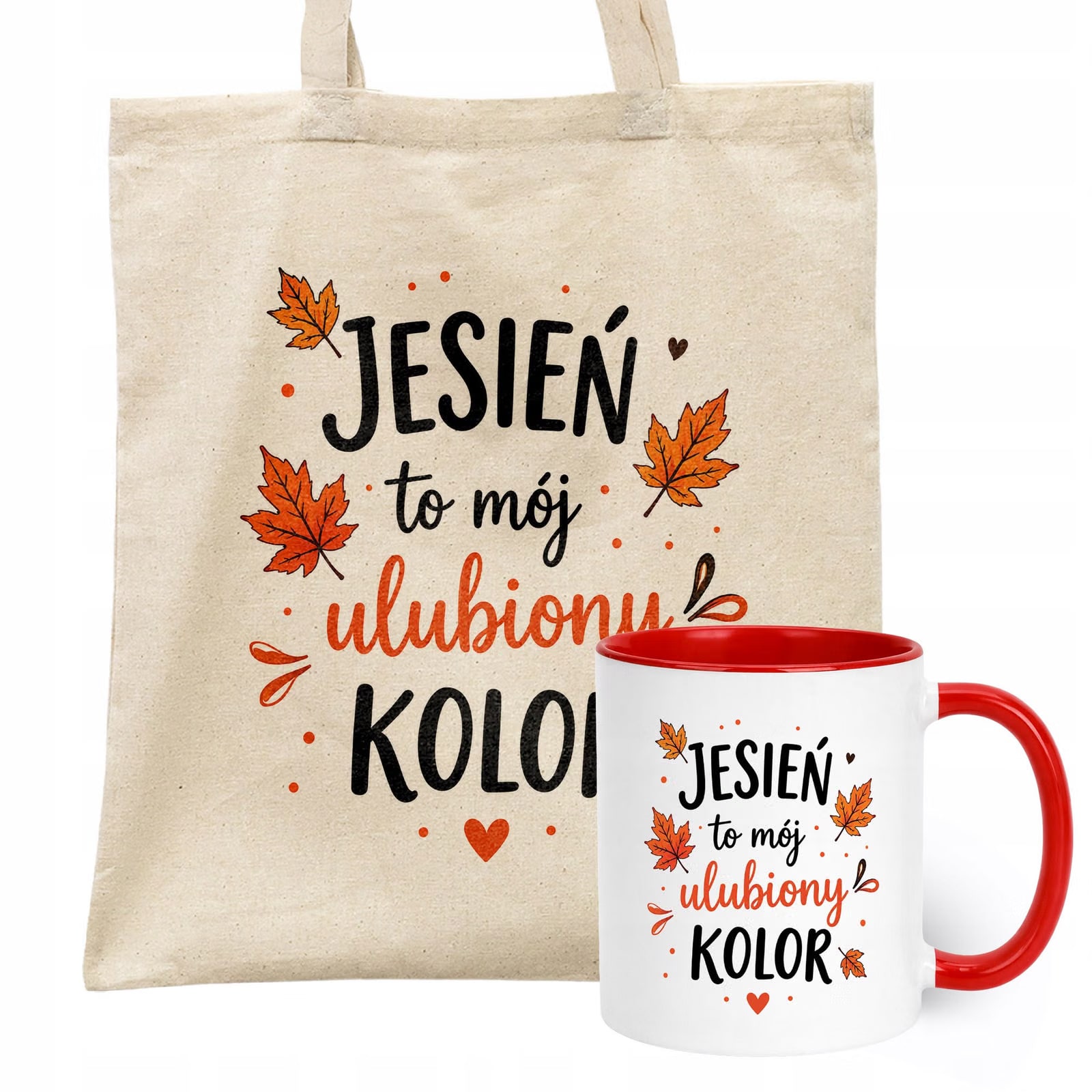 Zestaw Kubek Czerwony Torba Shopper Ecru Z Nadrukiem Jesień Jesienny