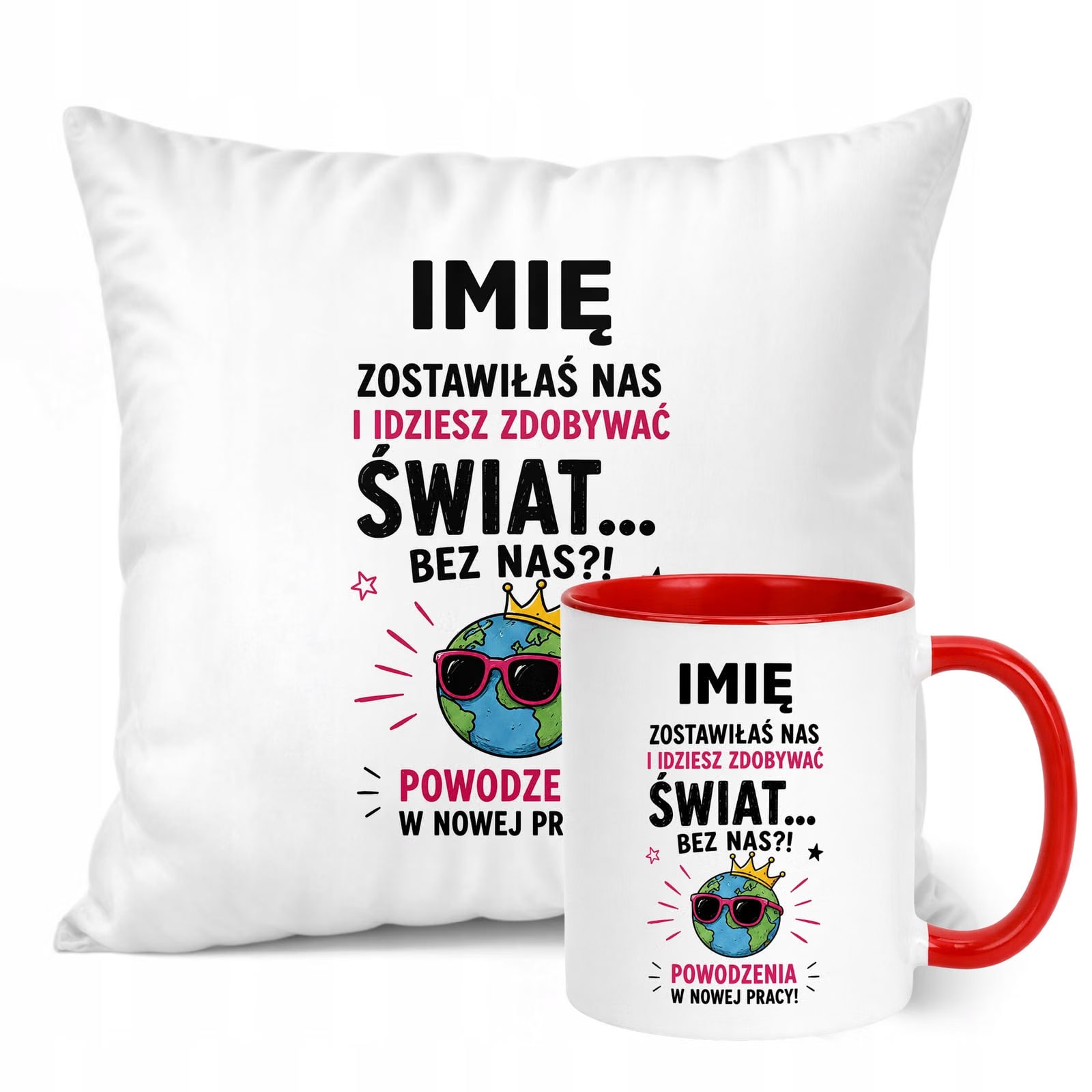 Zestaw Personalizowany Kubek Czerwony Poduszka Odejście z Pracy Prezent