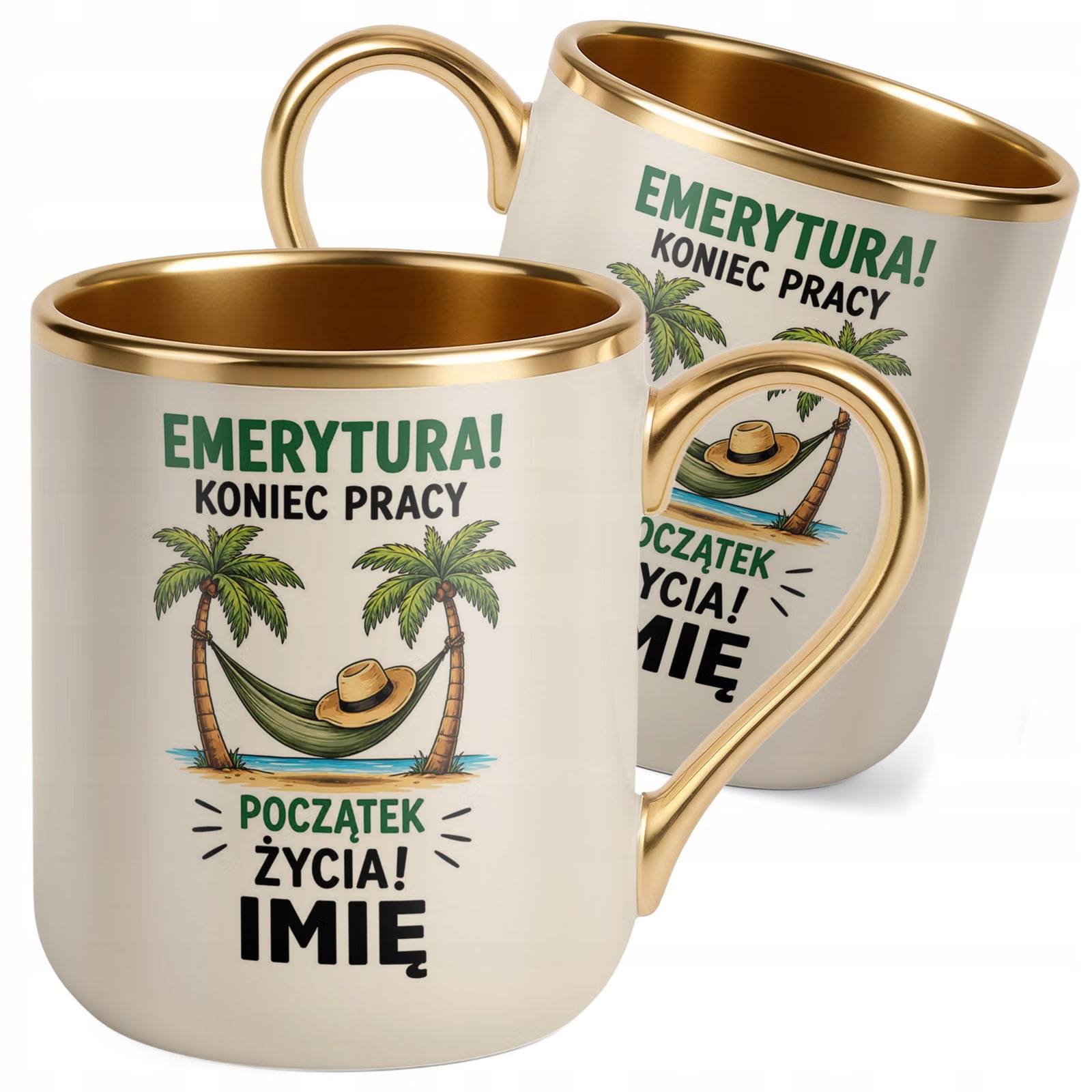 Kubek Personalizowany z nadrukiem Premium Złoty Ecru Emerytura Prezent