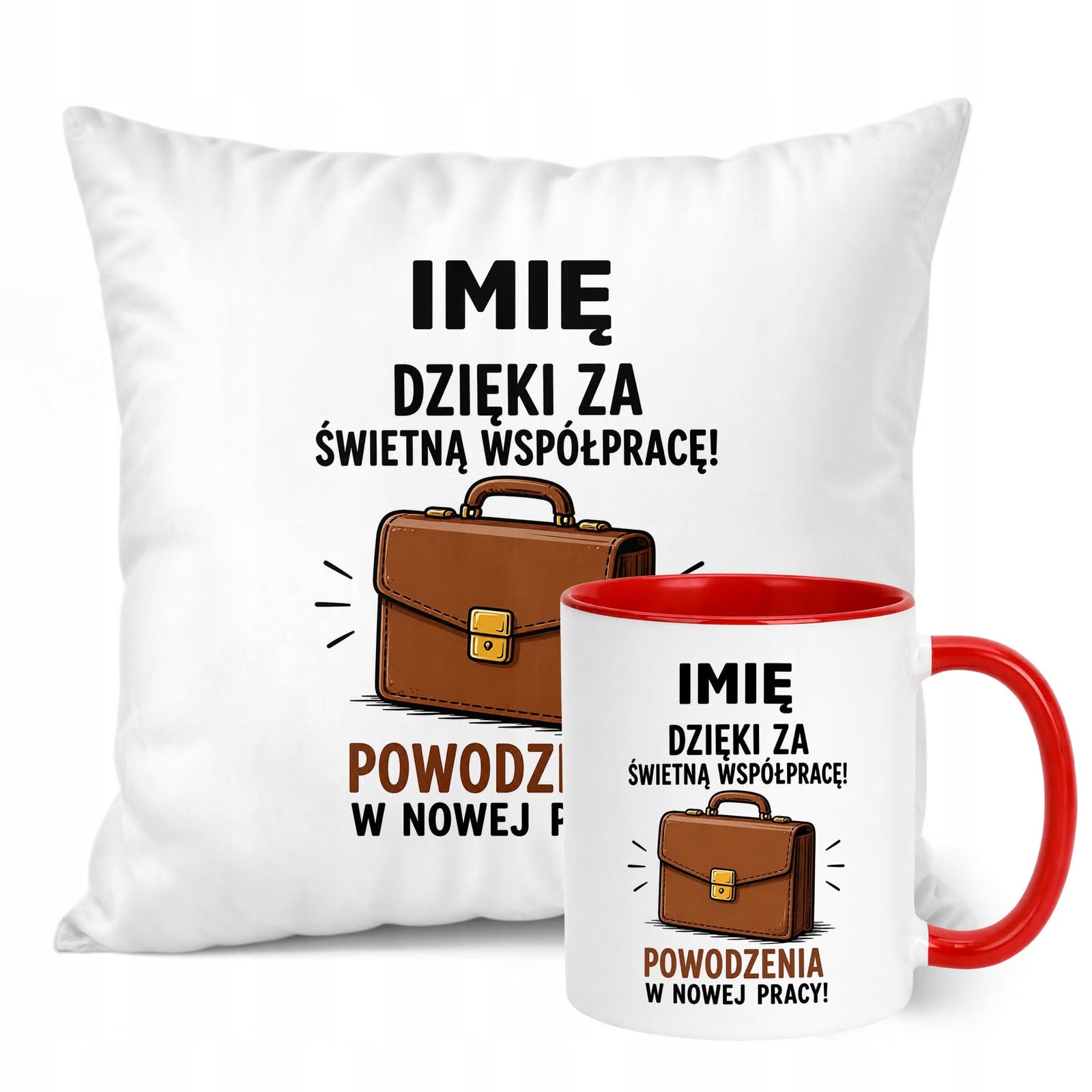 Zestaw Personalizowany Kubek Czerwony Poduszka Odejście z Pracy Prezent
