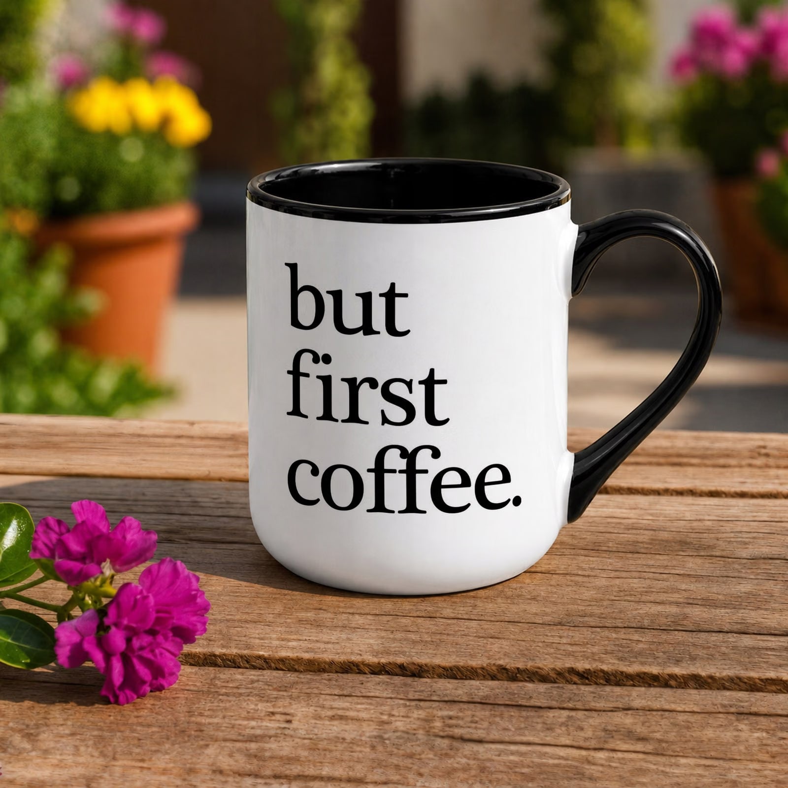 Kubek z nadrukiem Premium Czarny But First Coffee Dla Fana Kawy Prezent